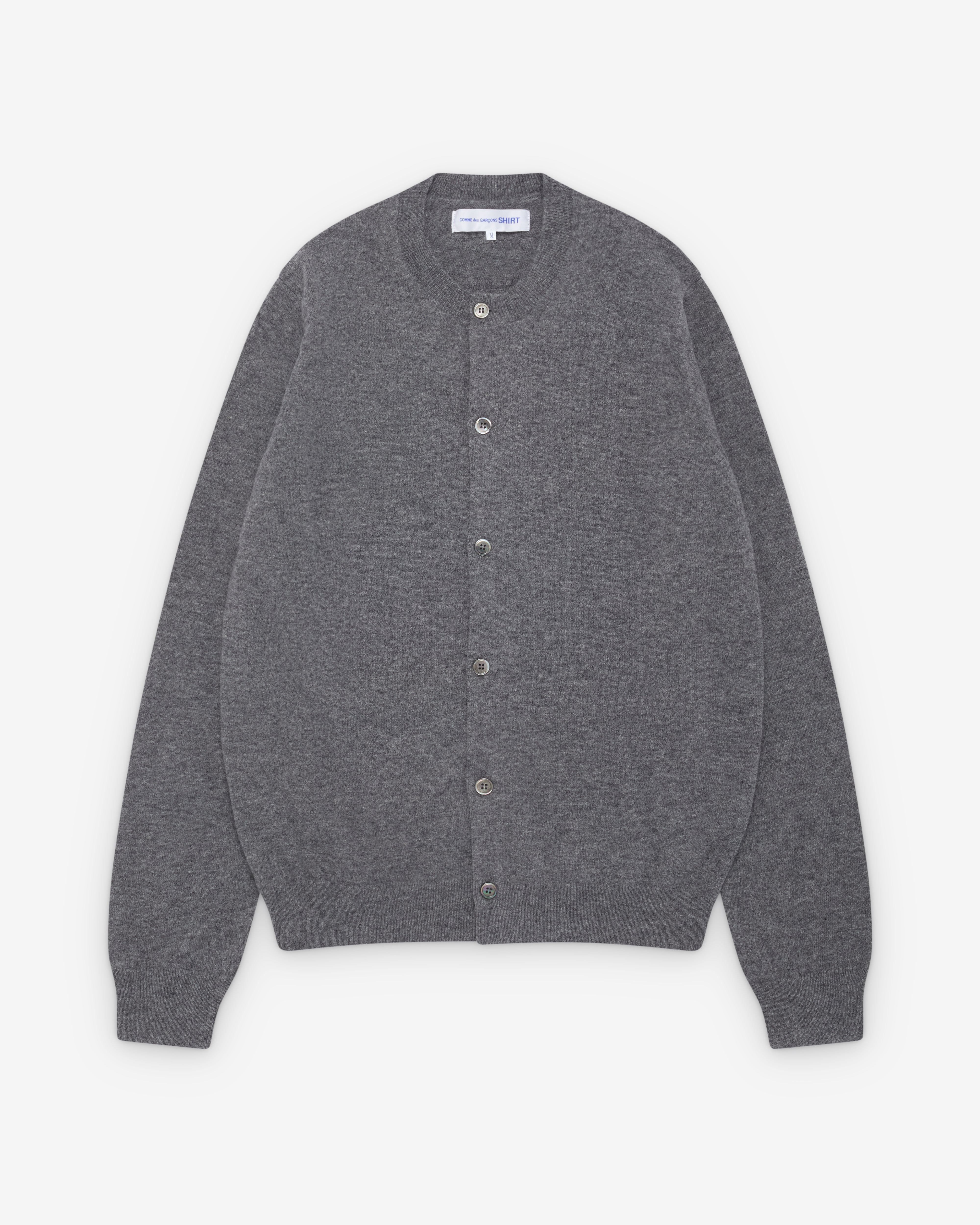 CDG Shirt Forever: Round Neck Lambswool Cardigan (Grey) | Dover