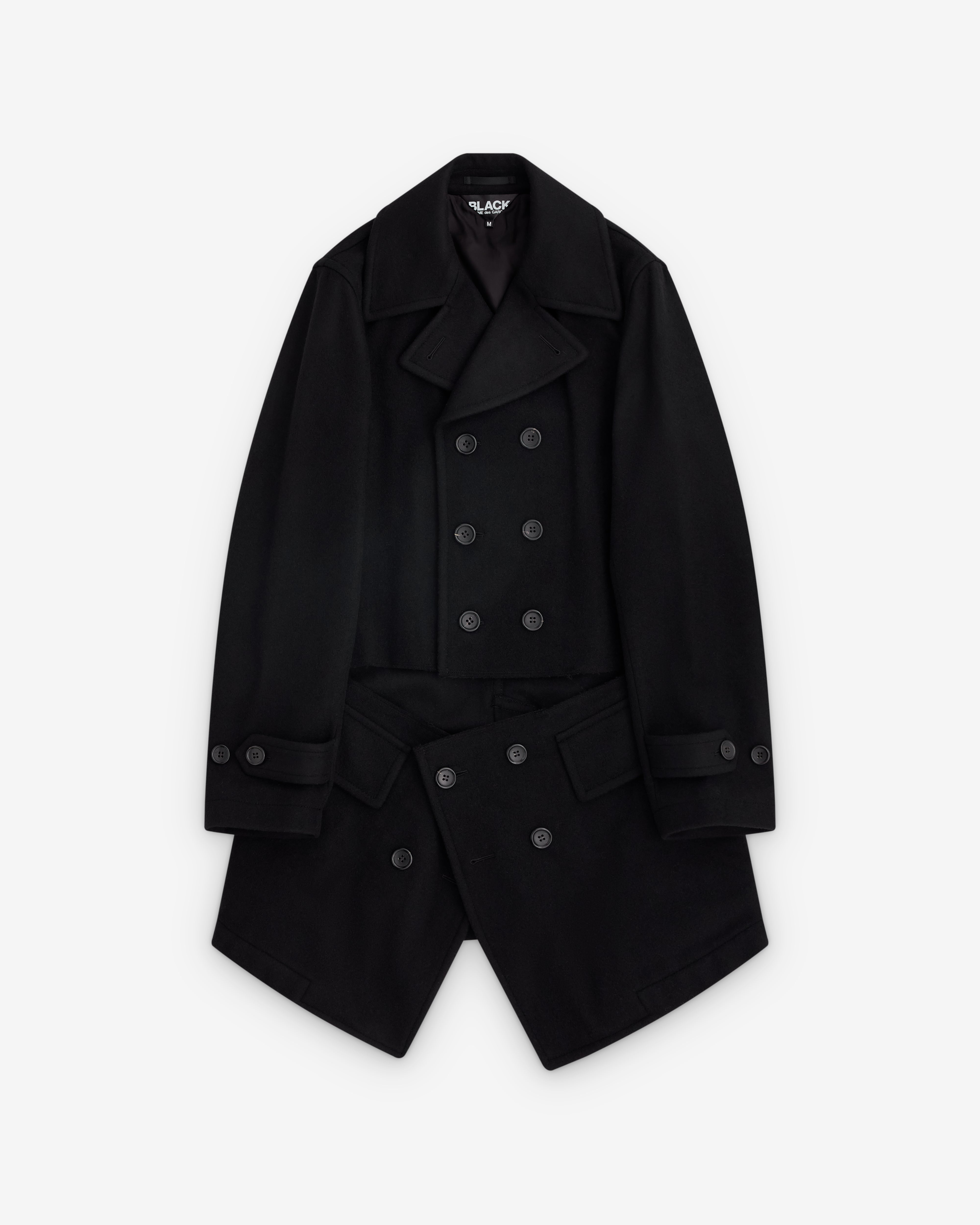【まーたんです】MORAL CODE DESMOND-II BLACK Black Comme des Garçons: Wool Double Breasted Split Coat (Black