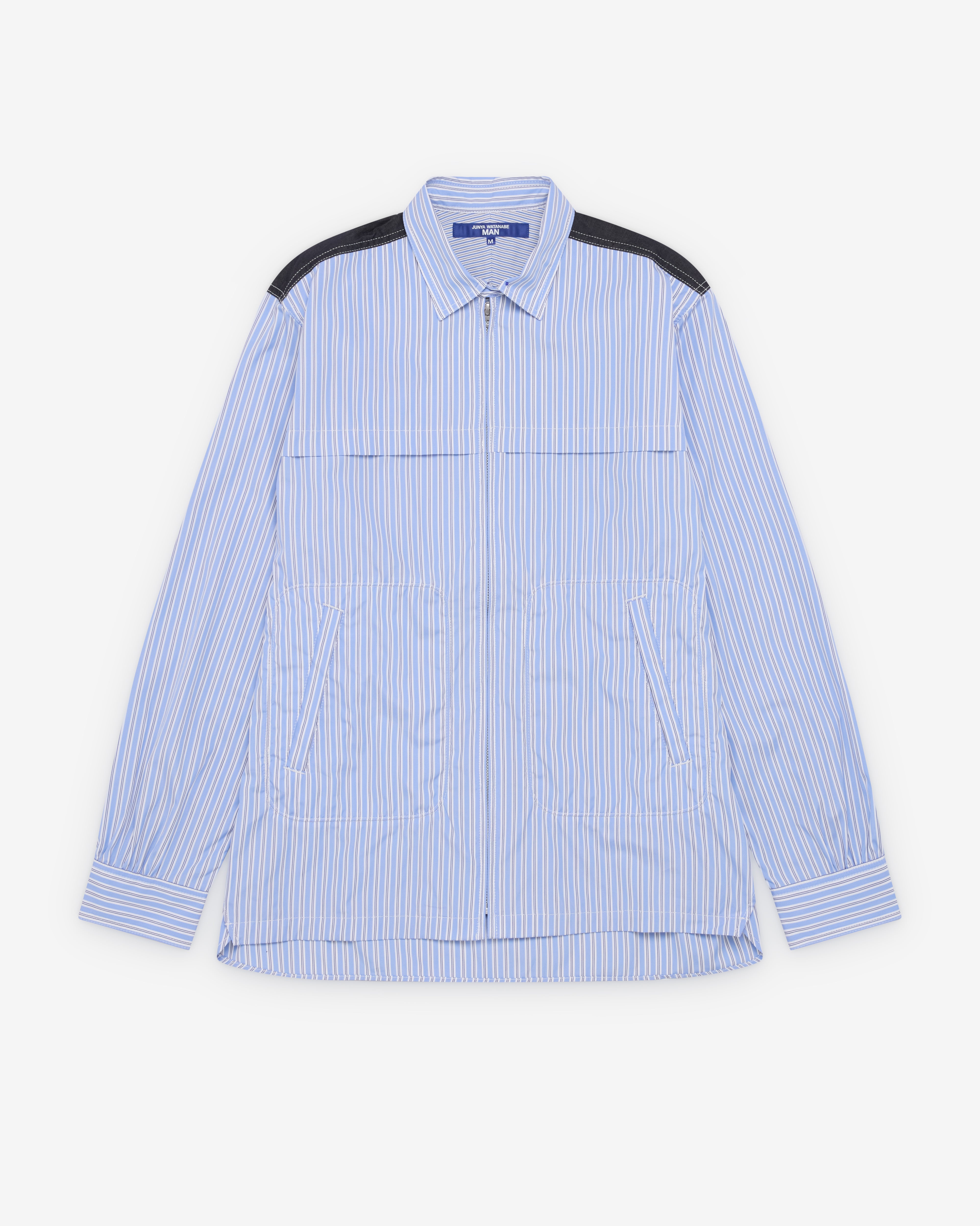 Junya Watanabe MAN: Men's Striped Zip Shirt (White/Sax/Navy