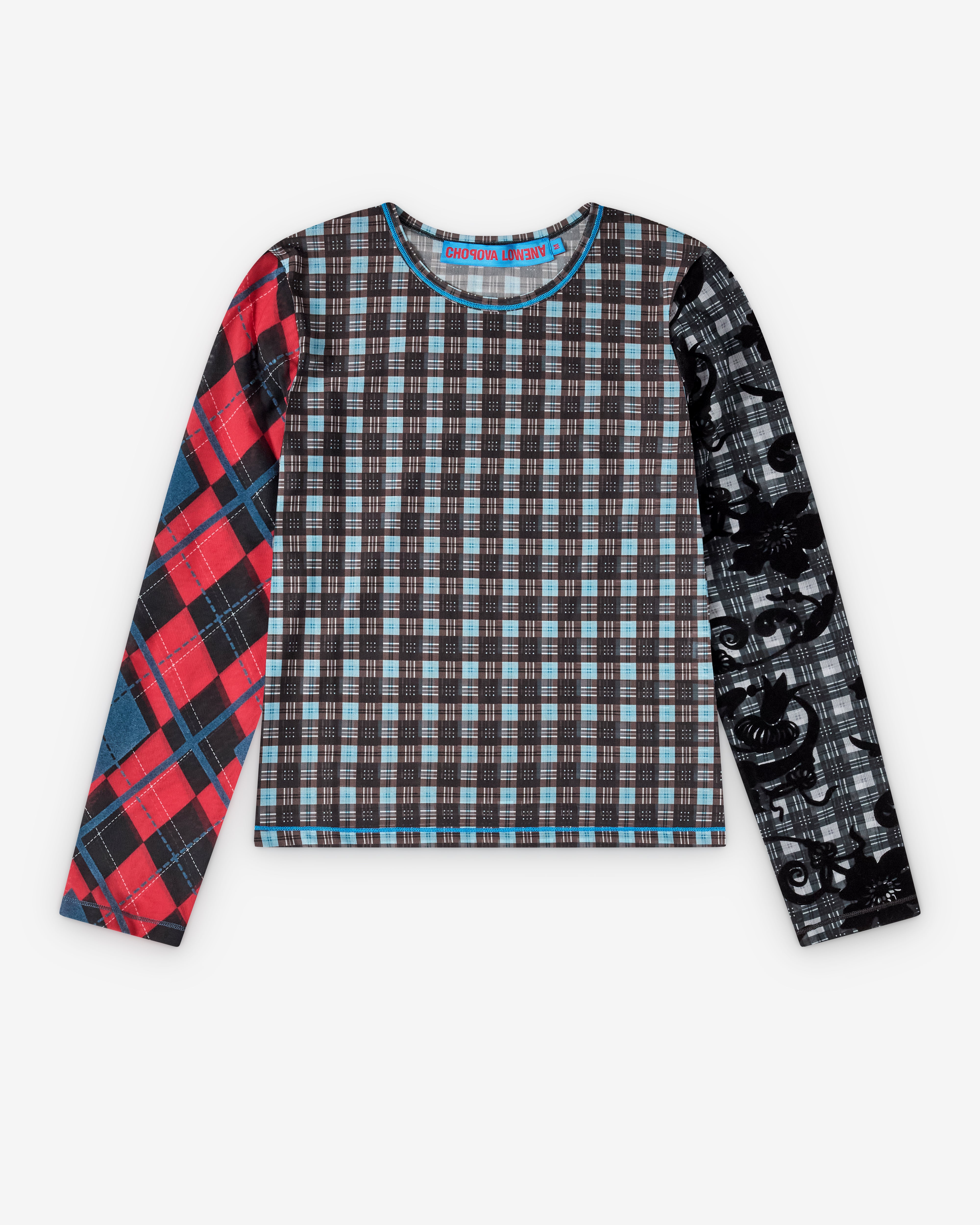 Chopova Lowena: Women's Par Flocked Fitted Mesh Top (Blue) | Dover