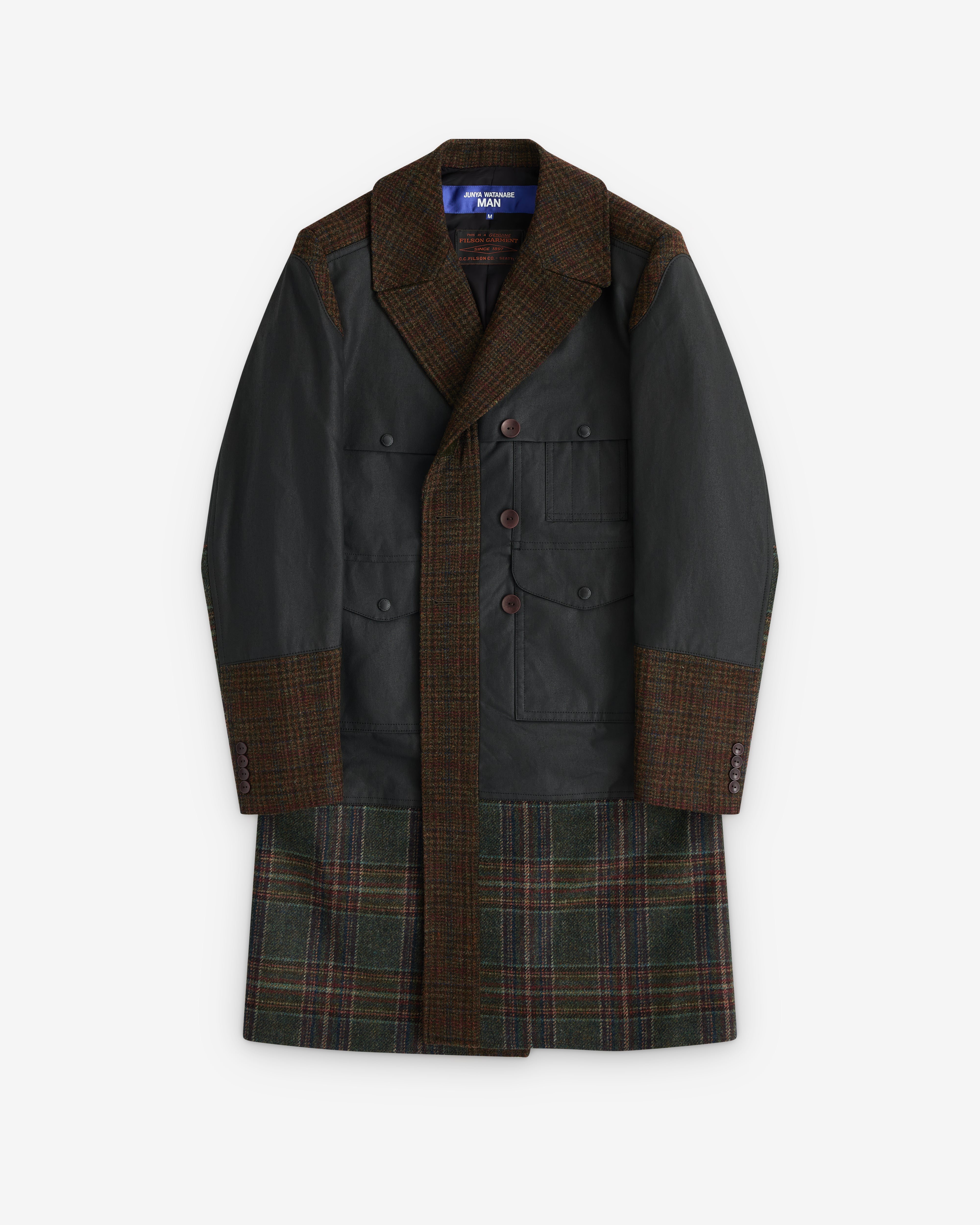 Junya Watanabe MAN: Filson Men's Quilted Waxed Long Coat (Black