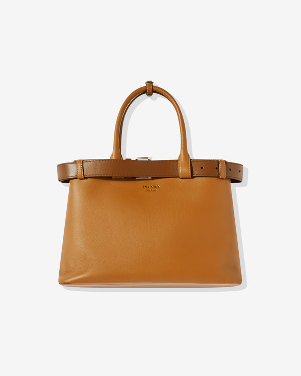 Prada - Buckle Large Leather Handbag With Belt - (Caramel)