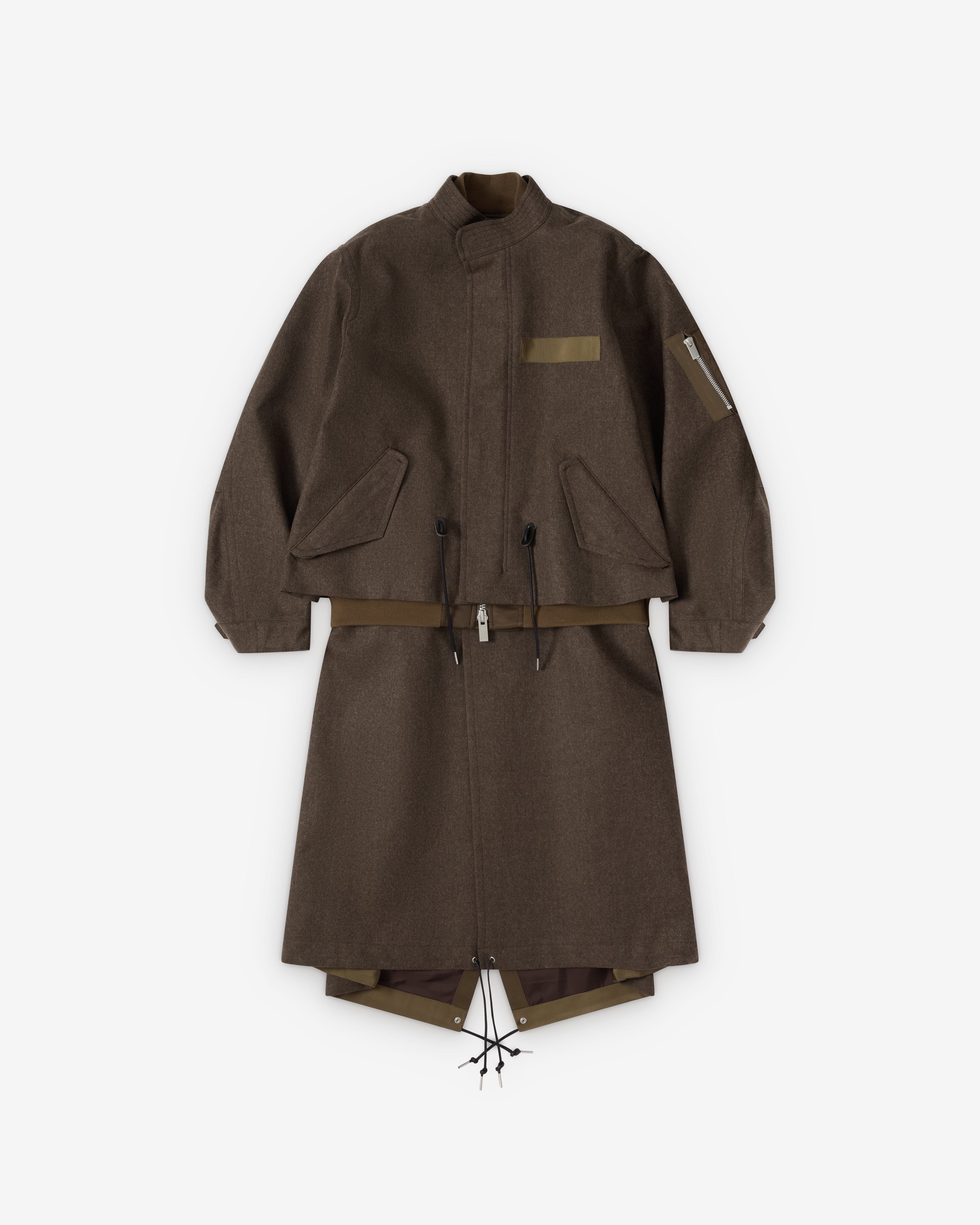Sacai : Women's Wool Flannel x Nylon Twill Coat (Khaki) | Dover