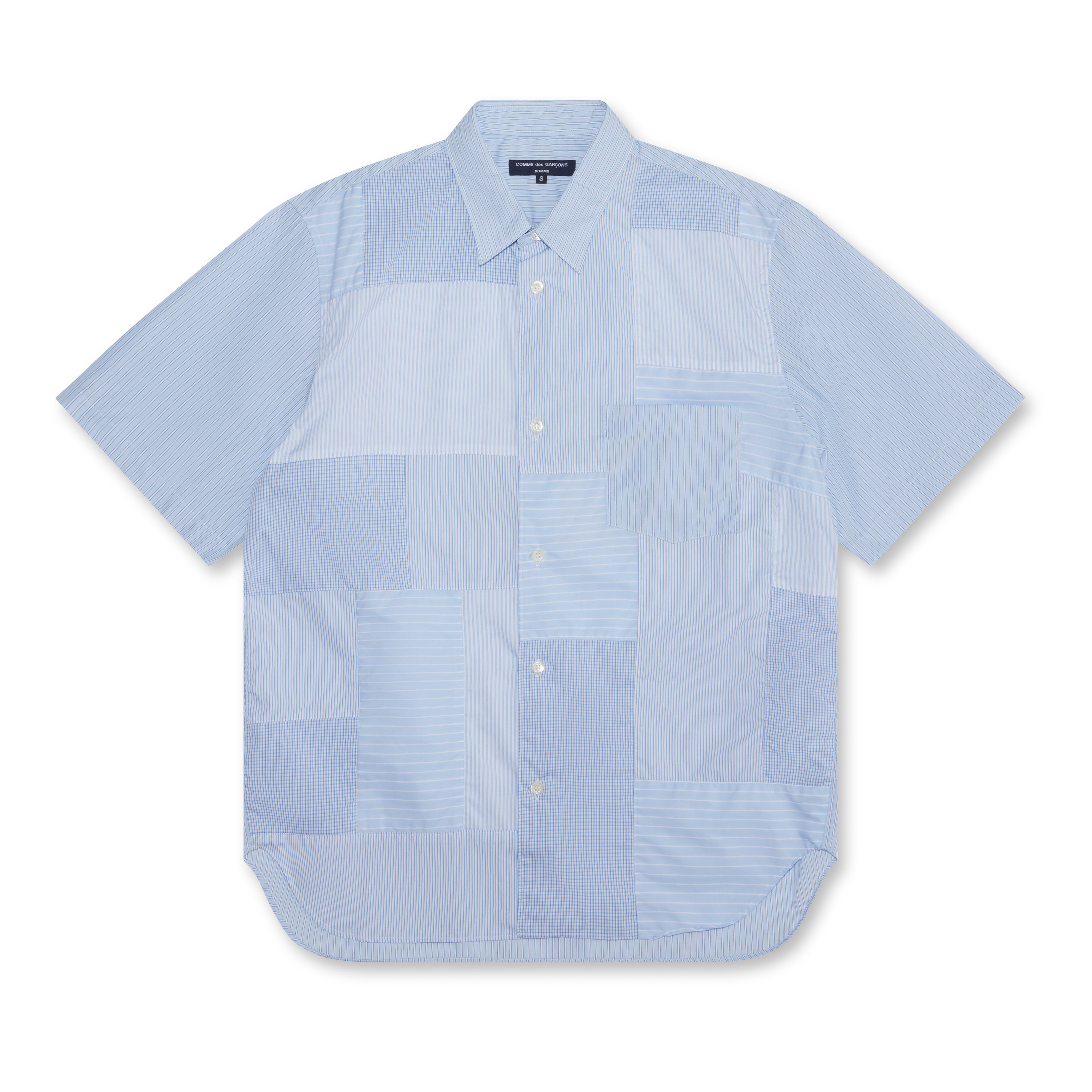 CDG Homme - Cotton Stripe Check Mix Short Sleeve Shirt - (Blue)