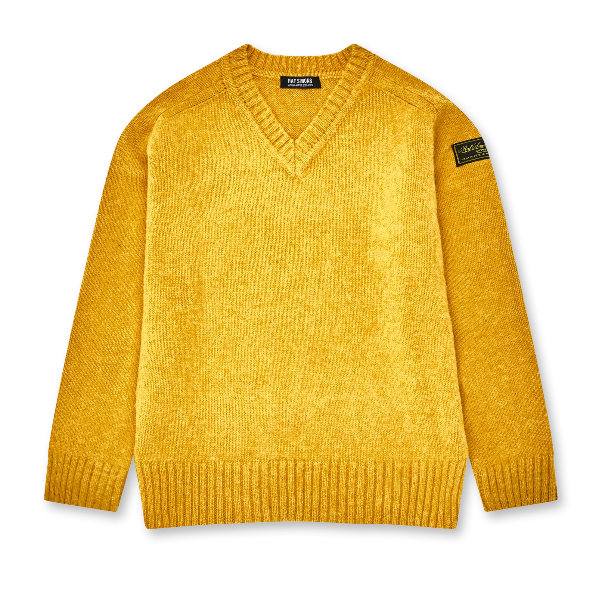 Raf Simons Men’s Striped Hammer Sleeve V-Neck Sweater (Yellow)