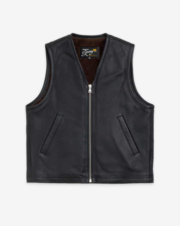 Stüssy Men's Pile Lined Leather Vest - Black