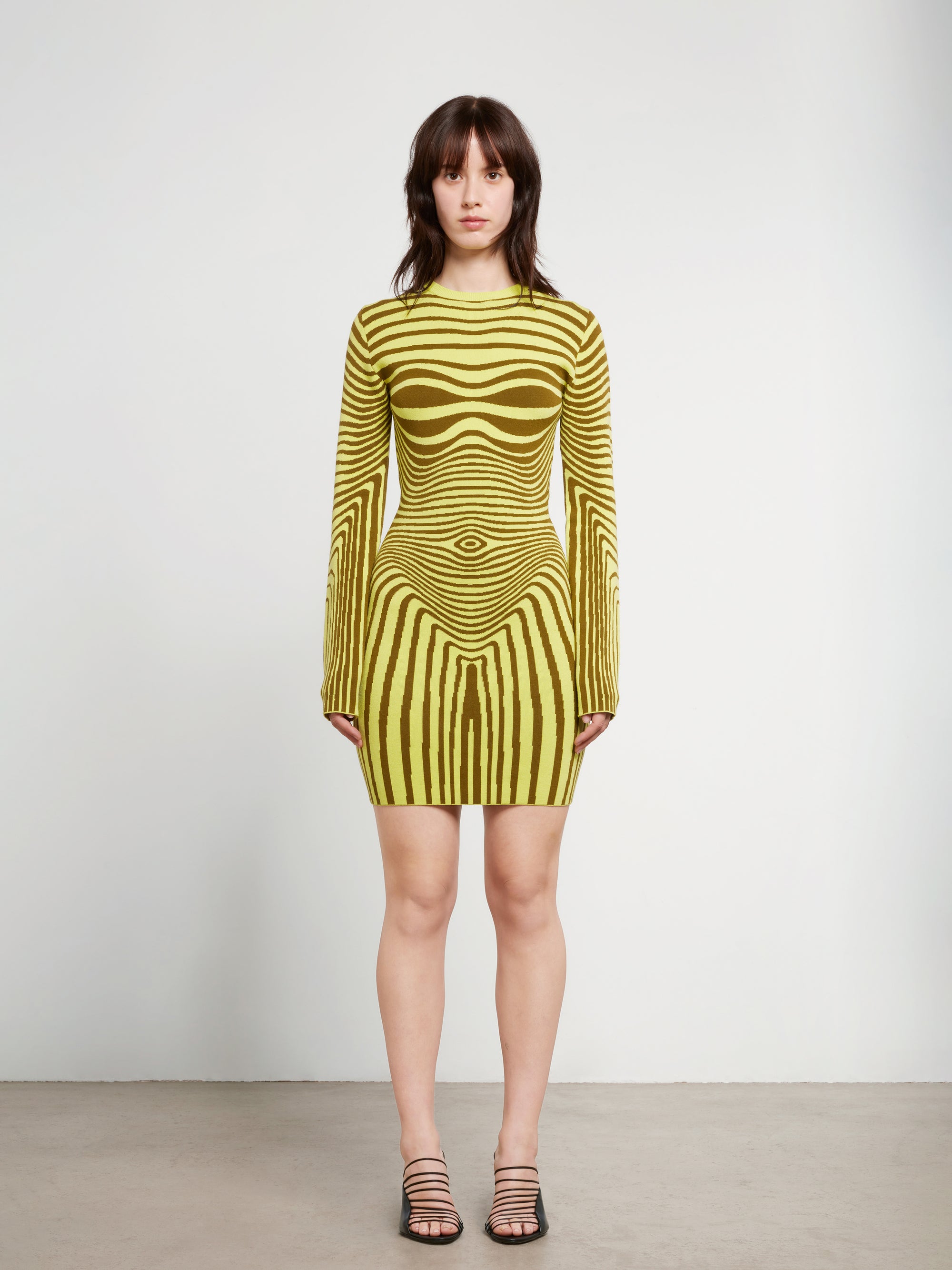 Jean Paul Gaultier - Womens Printed Morphing Stripe Long Sleeve Dress - (Khaki/Lime) Jean Paul Gaultier - Womens Printed Morphing Stripe Long Sleeve Dress - (Khaki/Lime)
