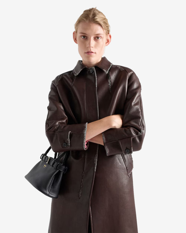 Prada  - Women's Bonded Nappa Leather and Chevron Shetland Wool Coat - (Sienna)