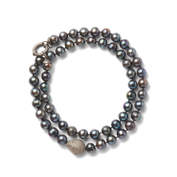Kundo - Diamond And Pearl Double Necklace - (Black Silver)