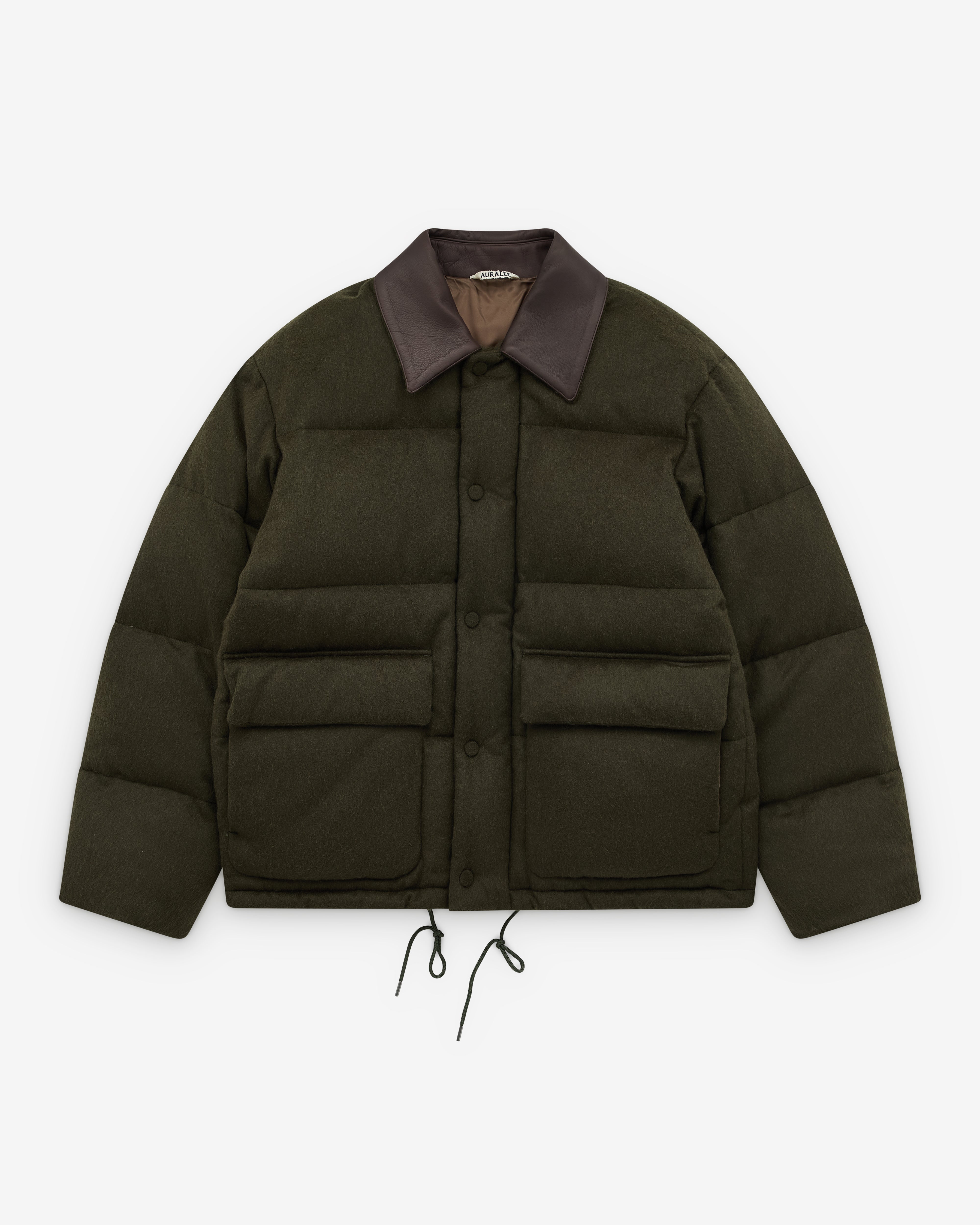 Auralee: Men's Baby Camel Flannel Down Blouson (Dark Olive