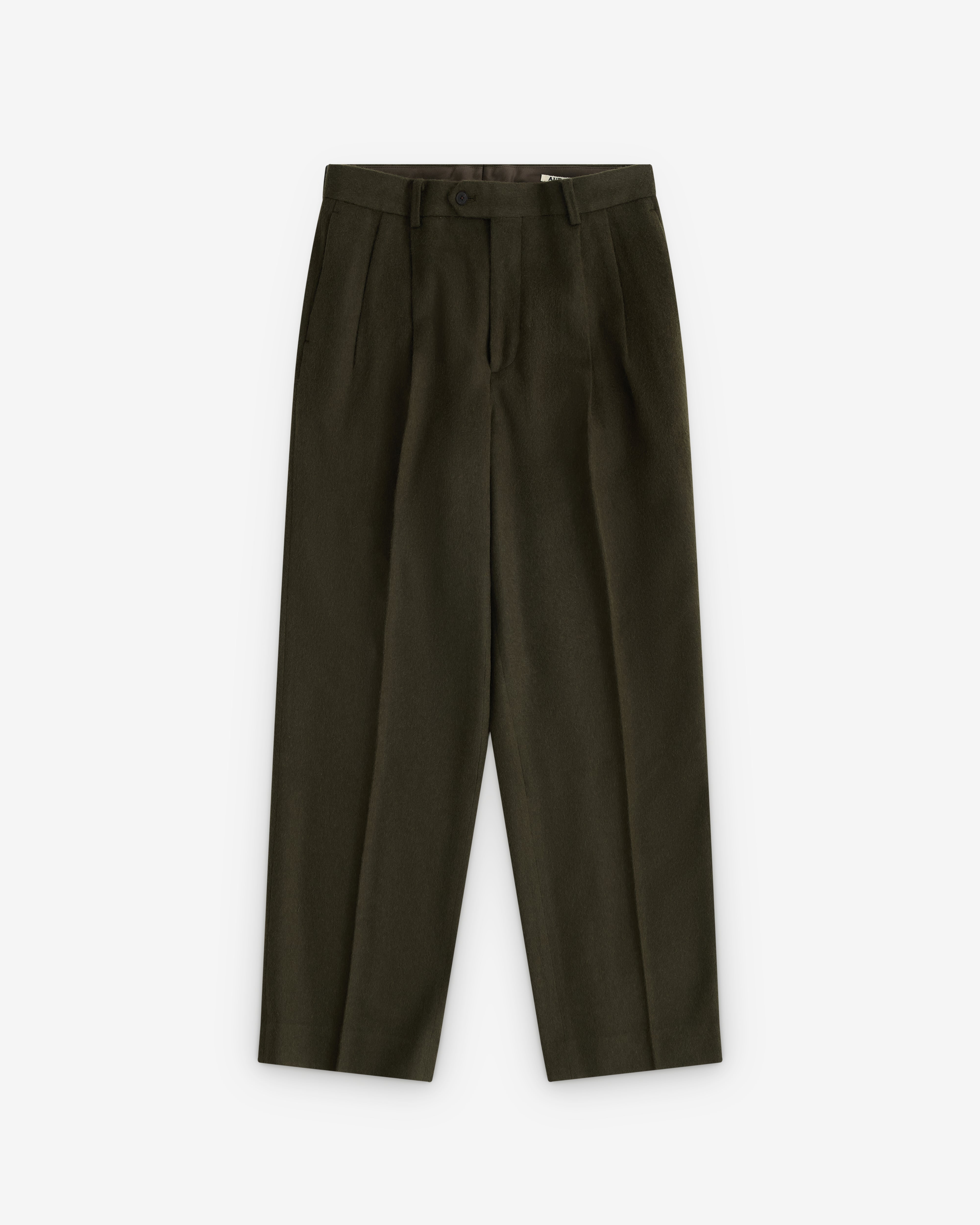 Auralee: Men's Baby Camel Flannel Two-Tuck Slacks (Dark Olive