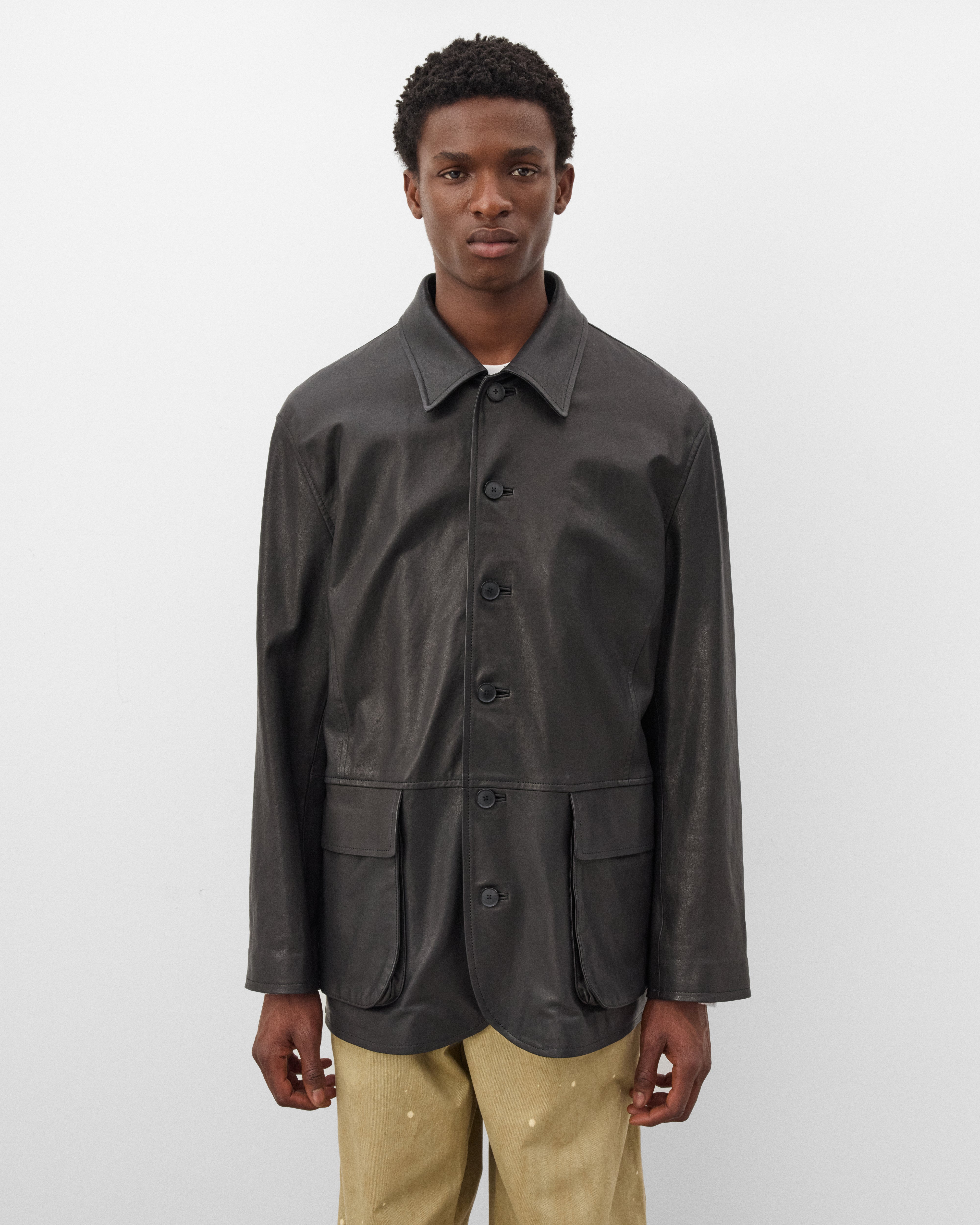 Auralee: Men's Textured Lamb Leather Blouson (Black) | Dover