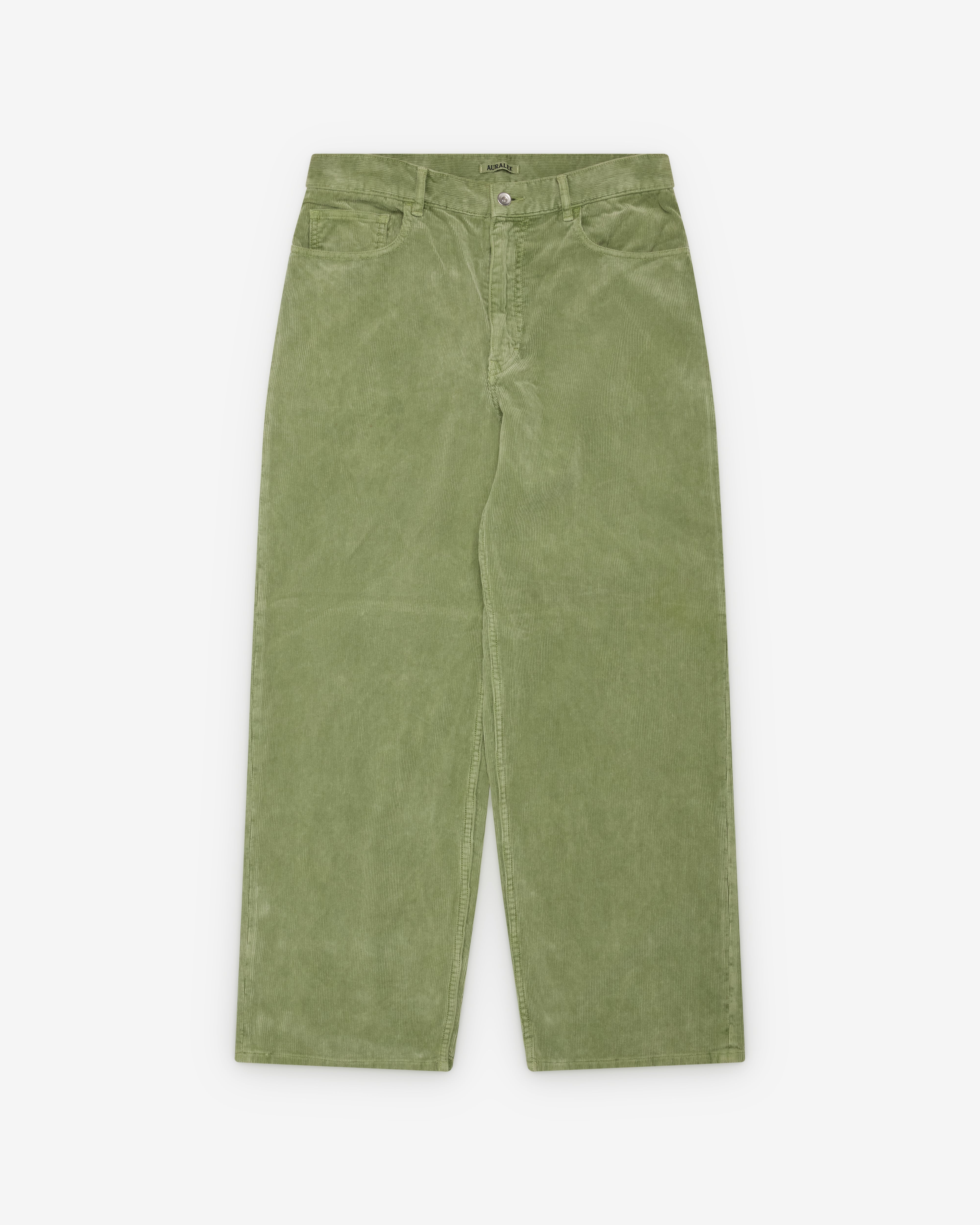 Auralee: Men's Finx Corduroy 5P Wide Pants (Dusty Green) | Dover