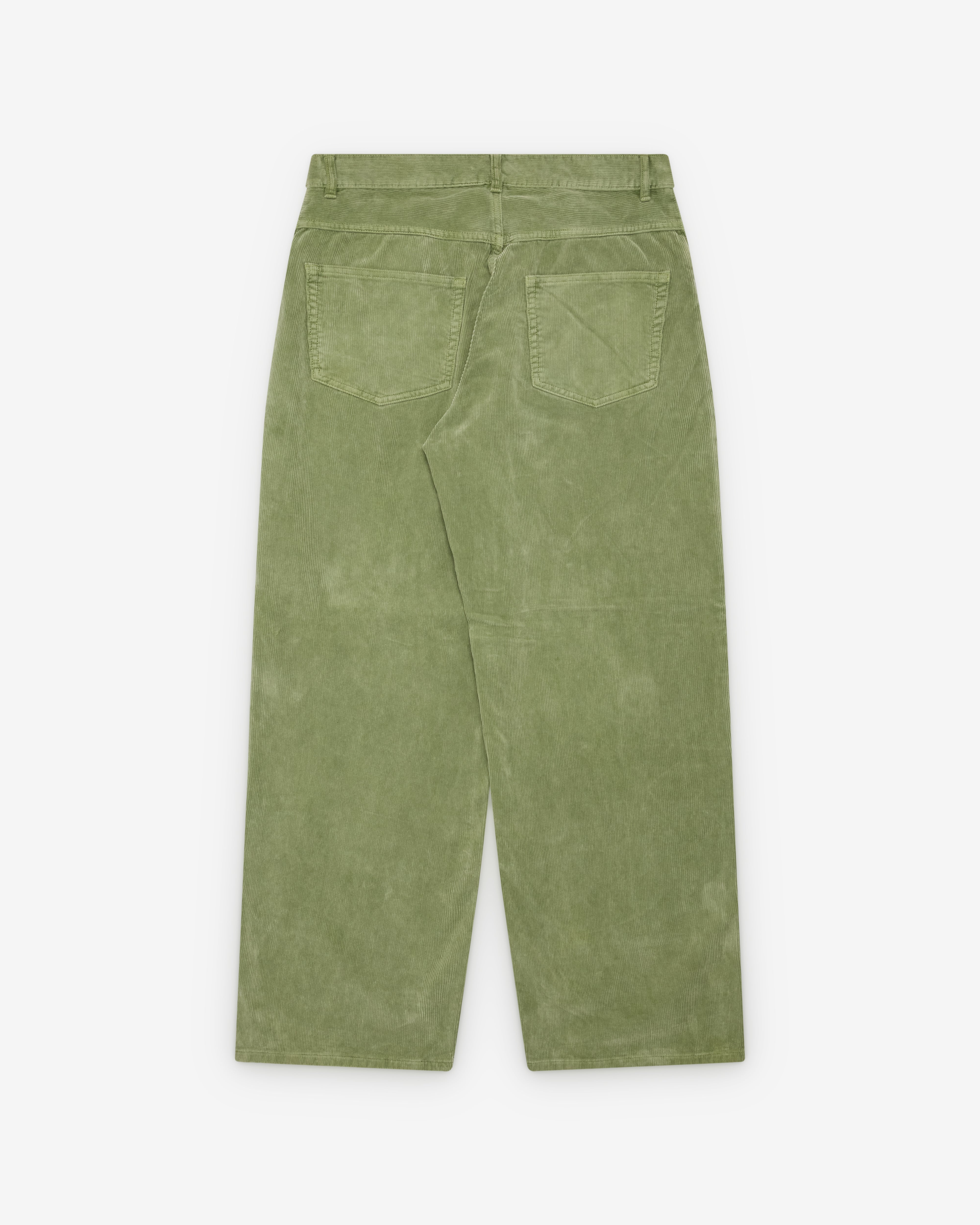 Auralee: Men's Finx Corduroy 5P Wide Pants (Dusty Green) | Dover