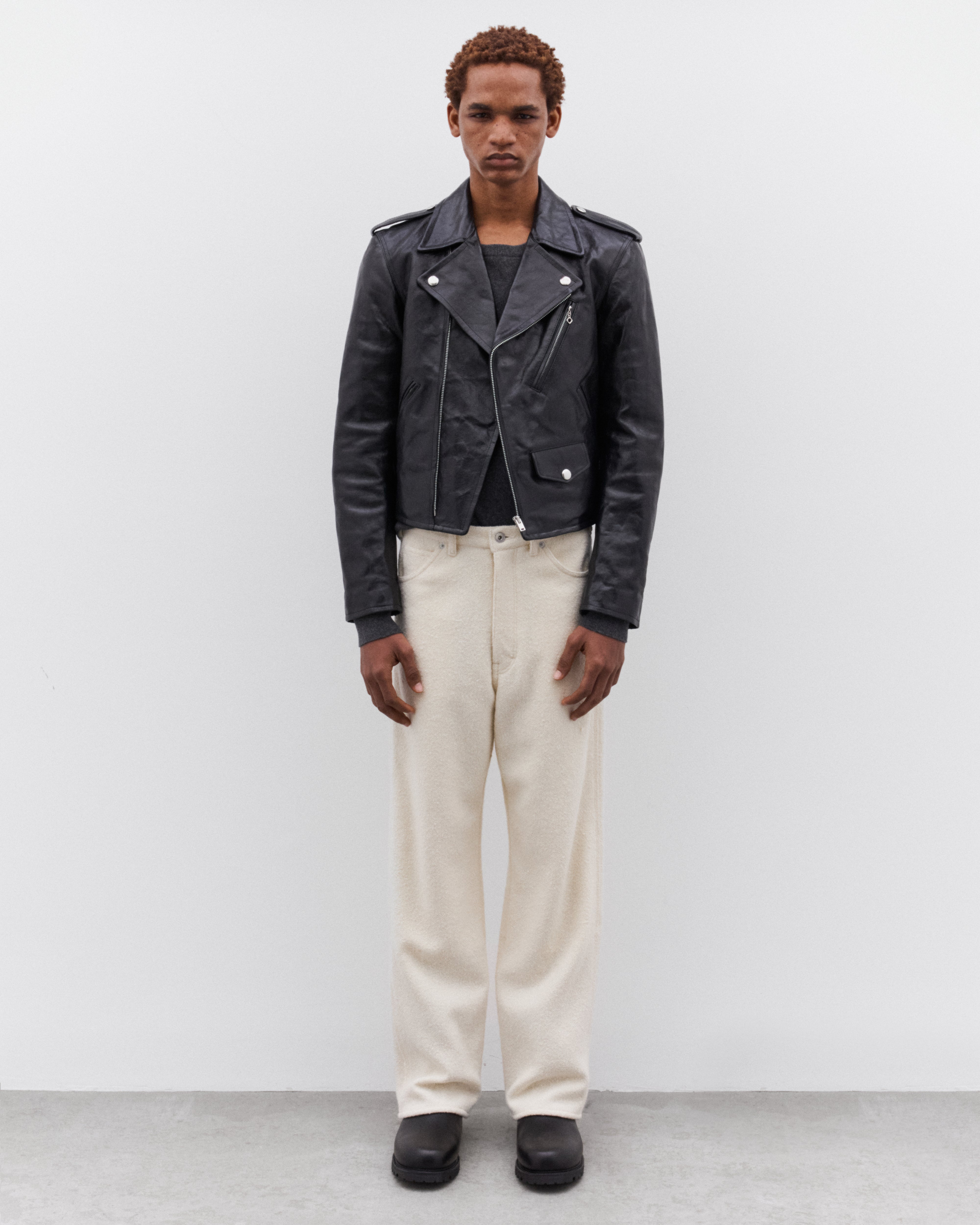 Auralee: Men's Lamb Leather Riders Jacket (Black) | DSML E-SHOP