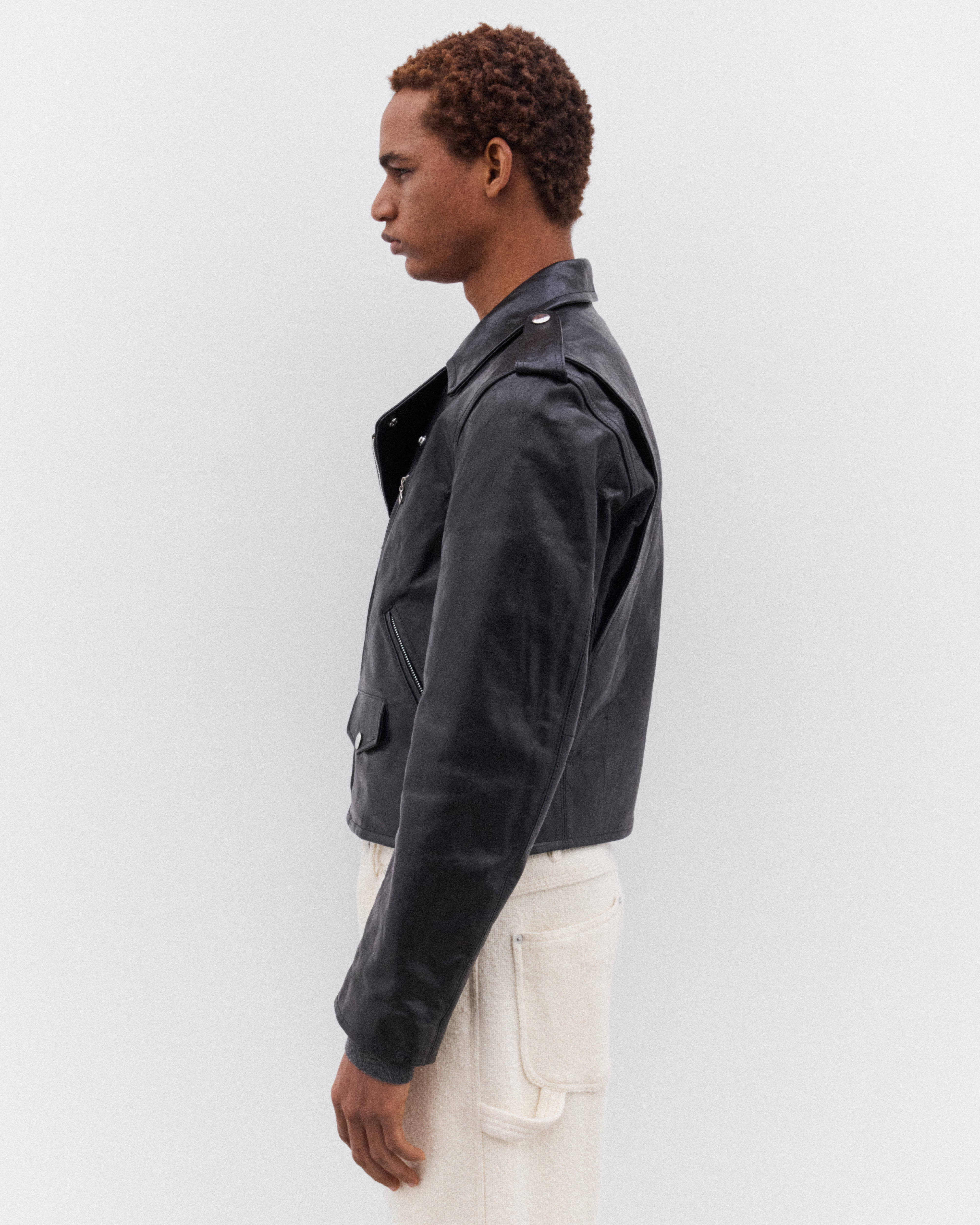 Auralee: Men's Lamb Leather Riders Jacket (Black) | DSML E-SHOP