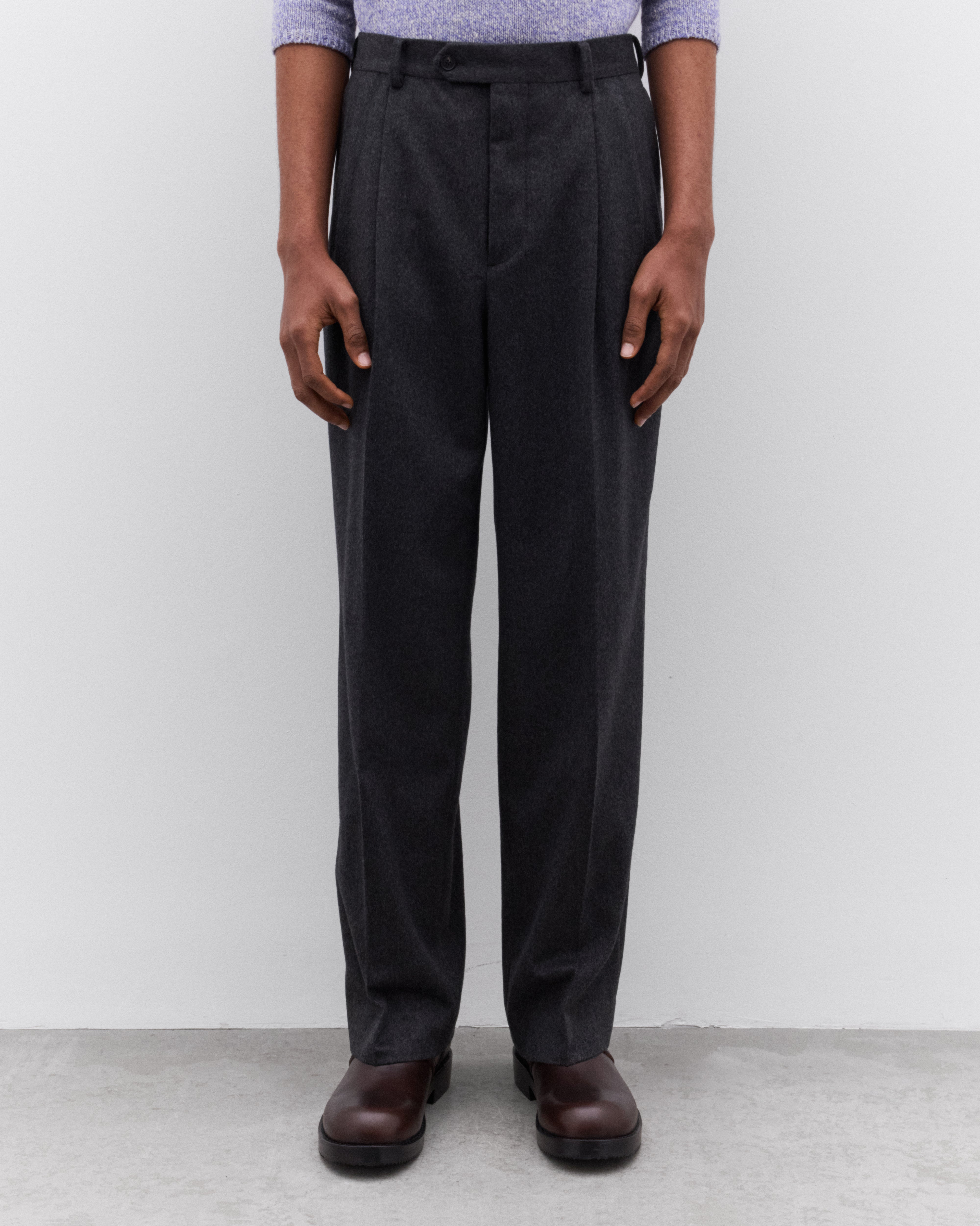 Auralee: Men's Cashmere Moleskin Two-Tuck Slacks (Charcoal) | DSML