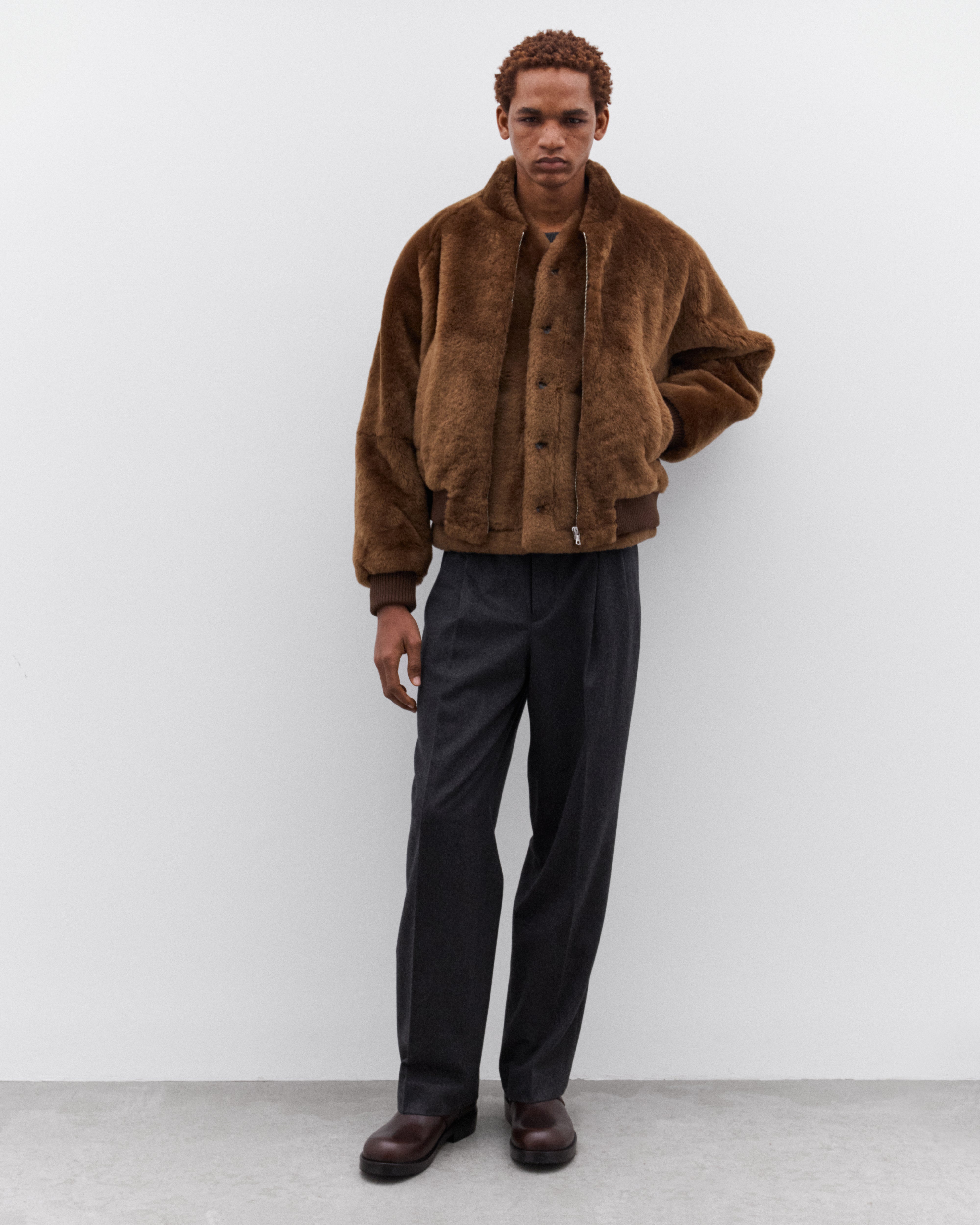 Auralee: Men's Straight Merino Mouton Zip Blouson (Brown) | DSML E