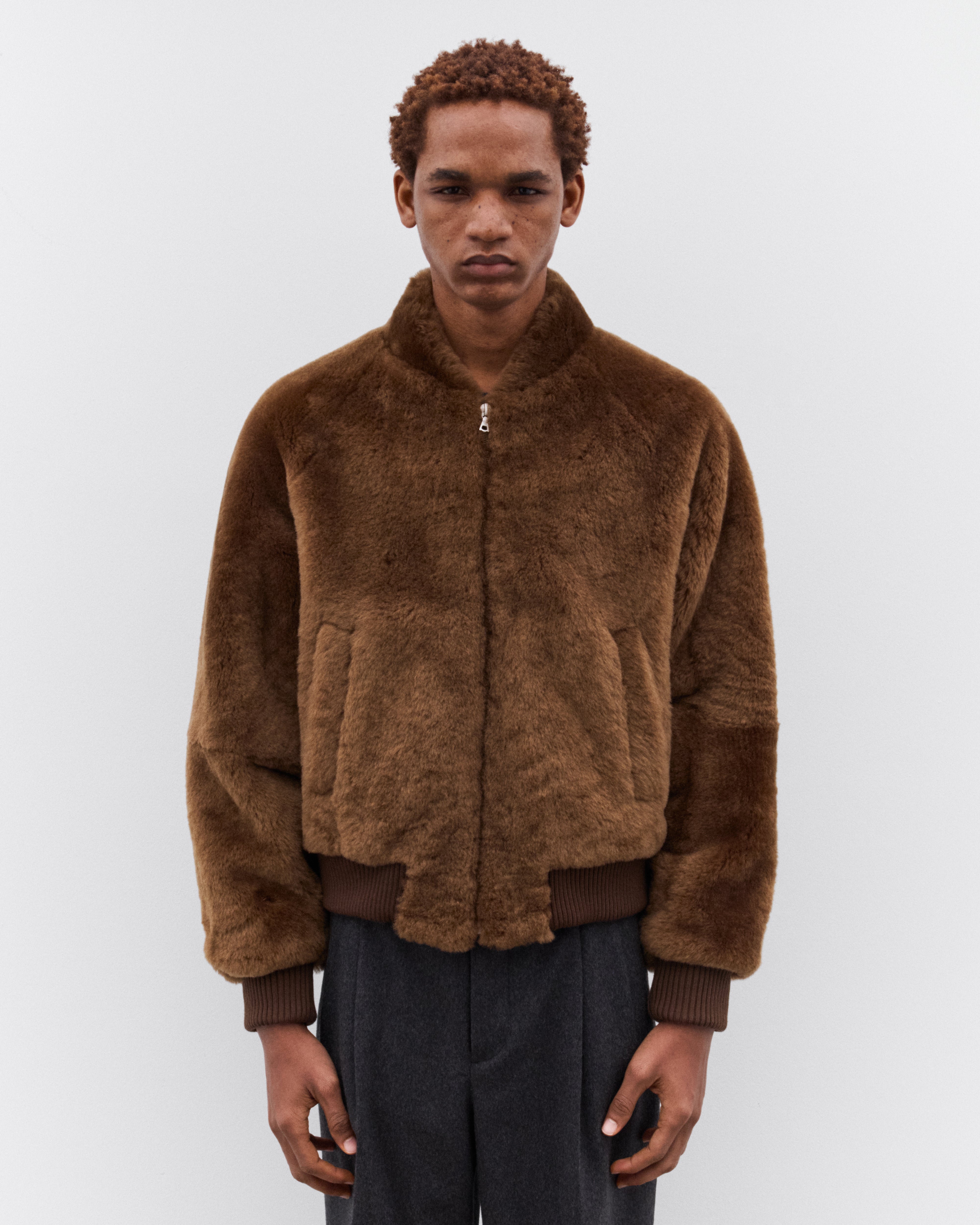 Auralee: Men's Straight Merino Mouton Zip Blouson (Brown) | Dover