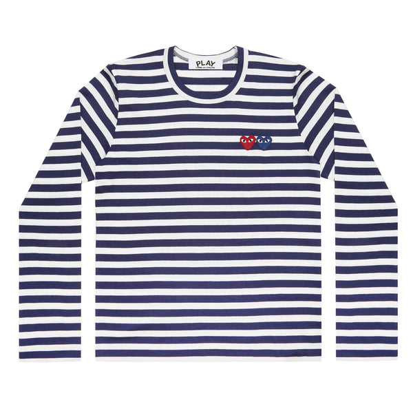 Play - Double Heart Striped Long Sleeve T-Shirt - (Navy/White)
