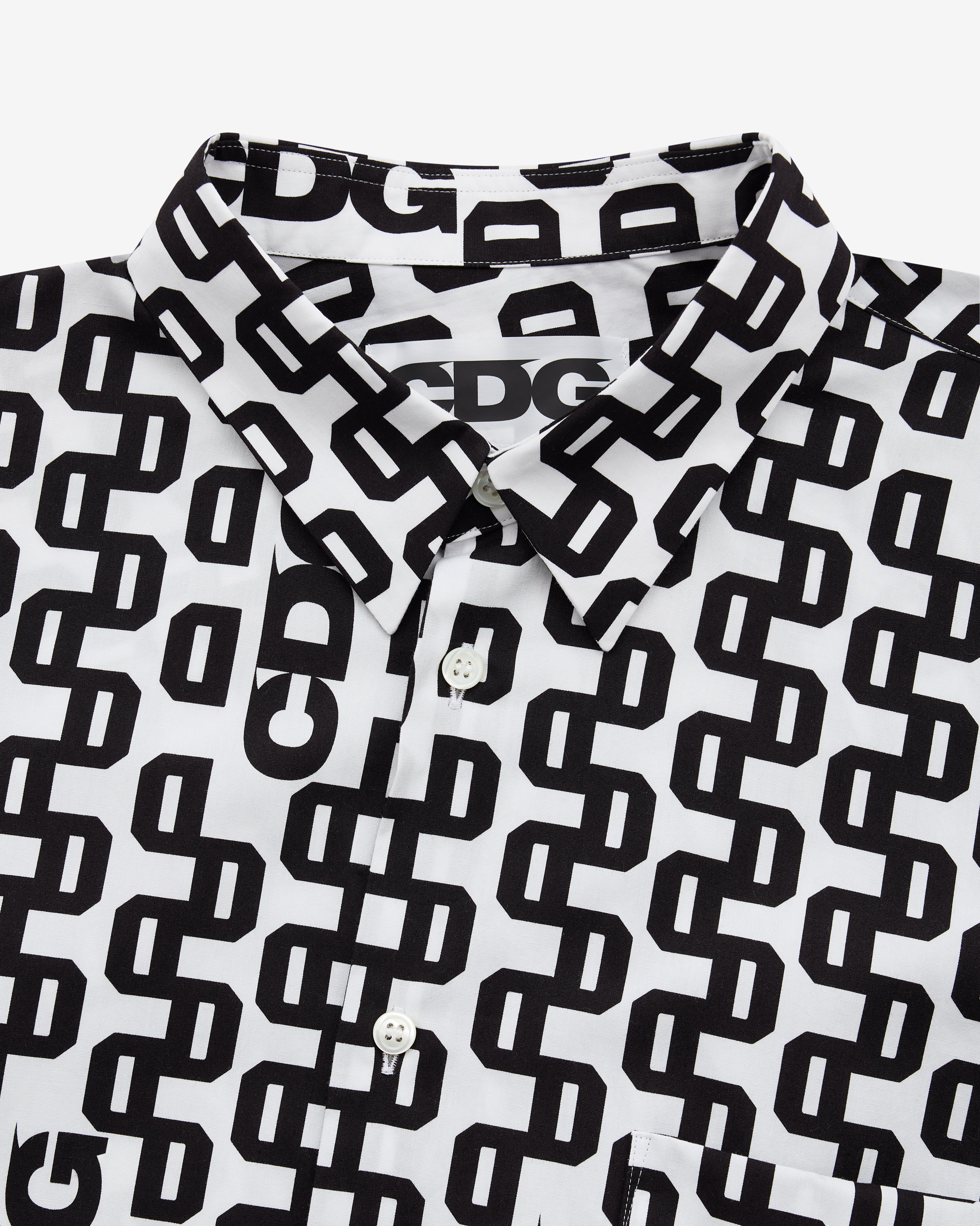 CDG: Overlock Print Bias Cut Shirt (Black/White) | Dover Street