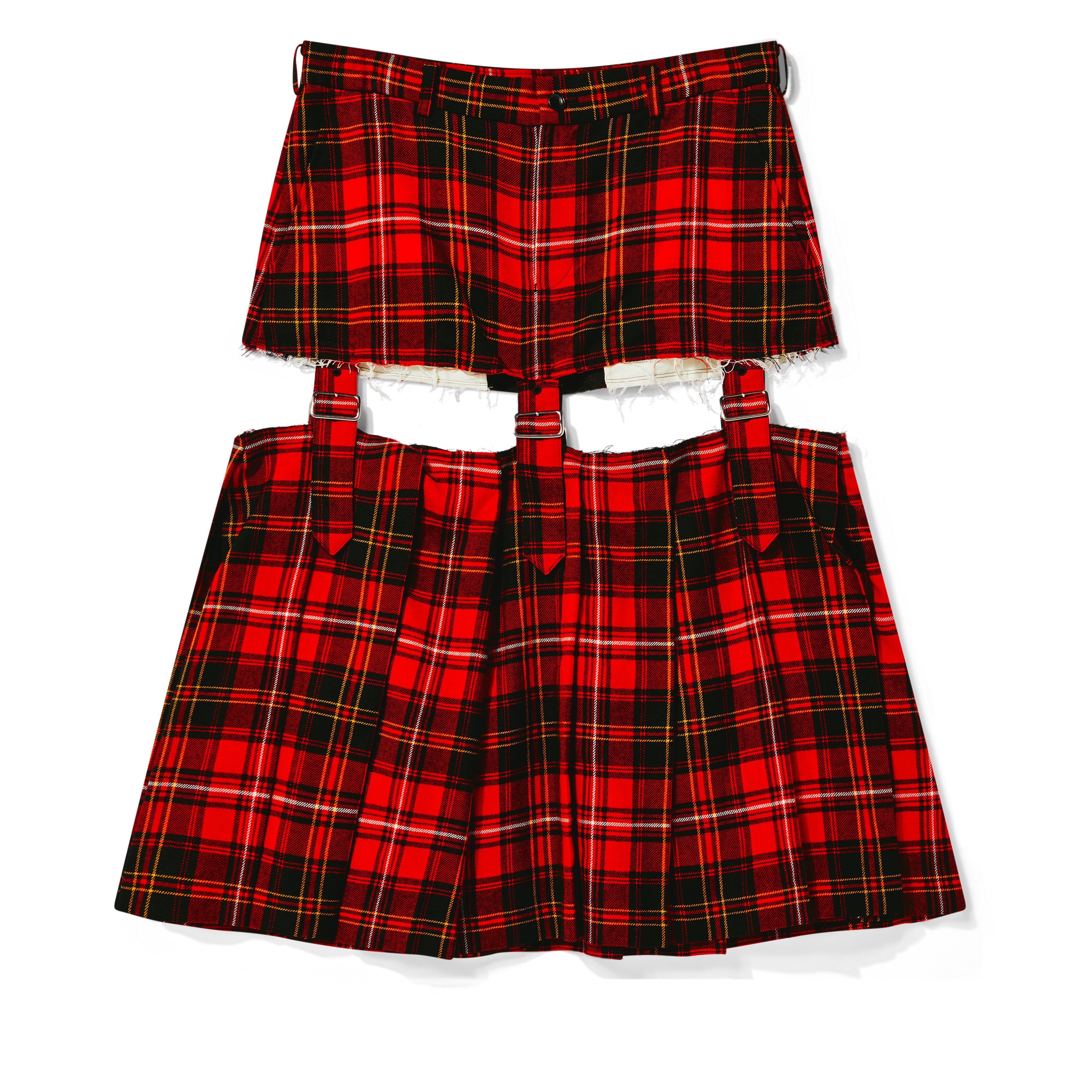 BLACK Comme des Garçons: Tartan Wool Buckled Skirt (Red/Black