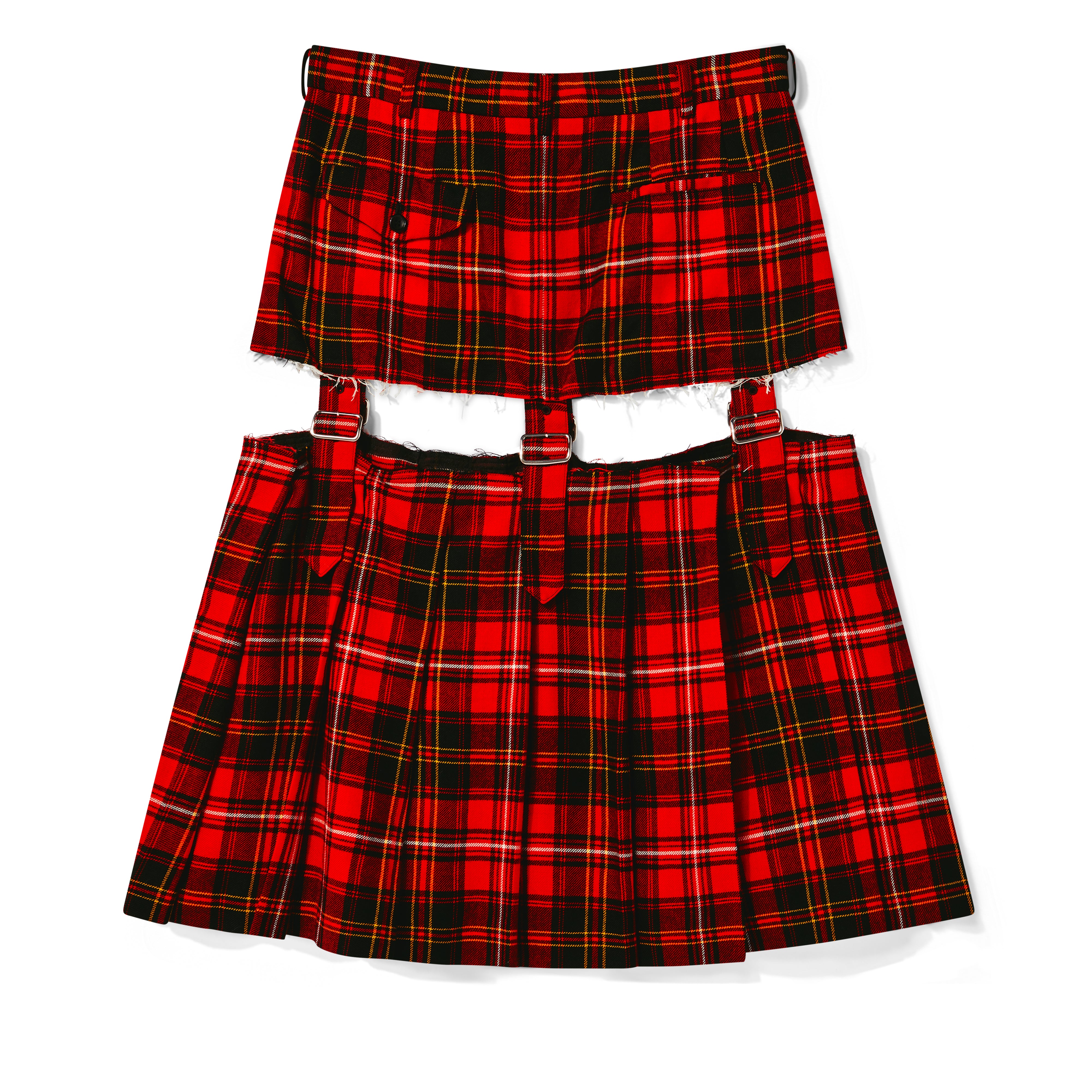 BLACK Comme des Garçons: Tartan Wool Buckled Skirt (Red/Black