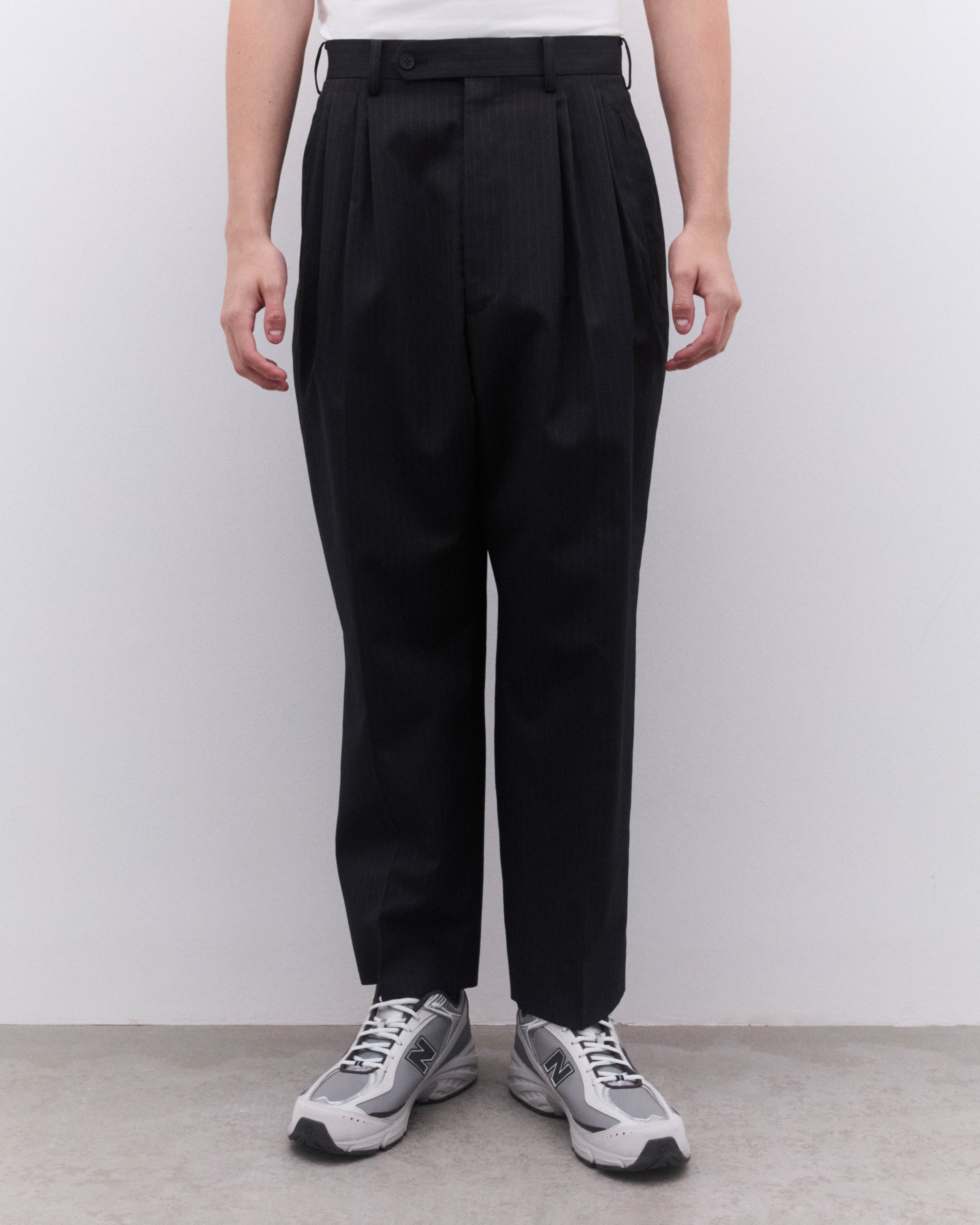 CDG Homme: Men's Pinstripe Pleated Trousers (Black) | Dover Street