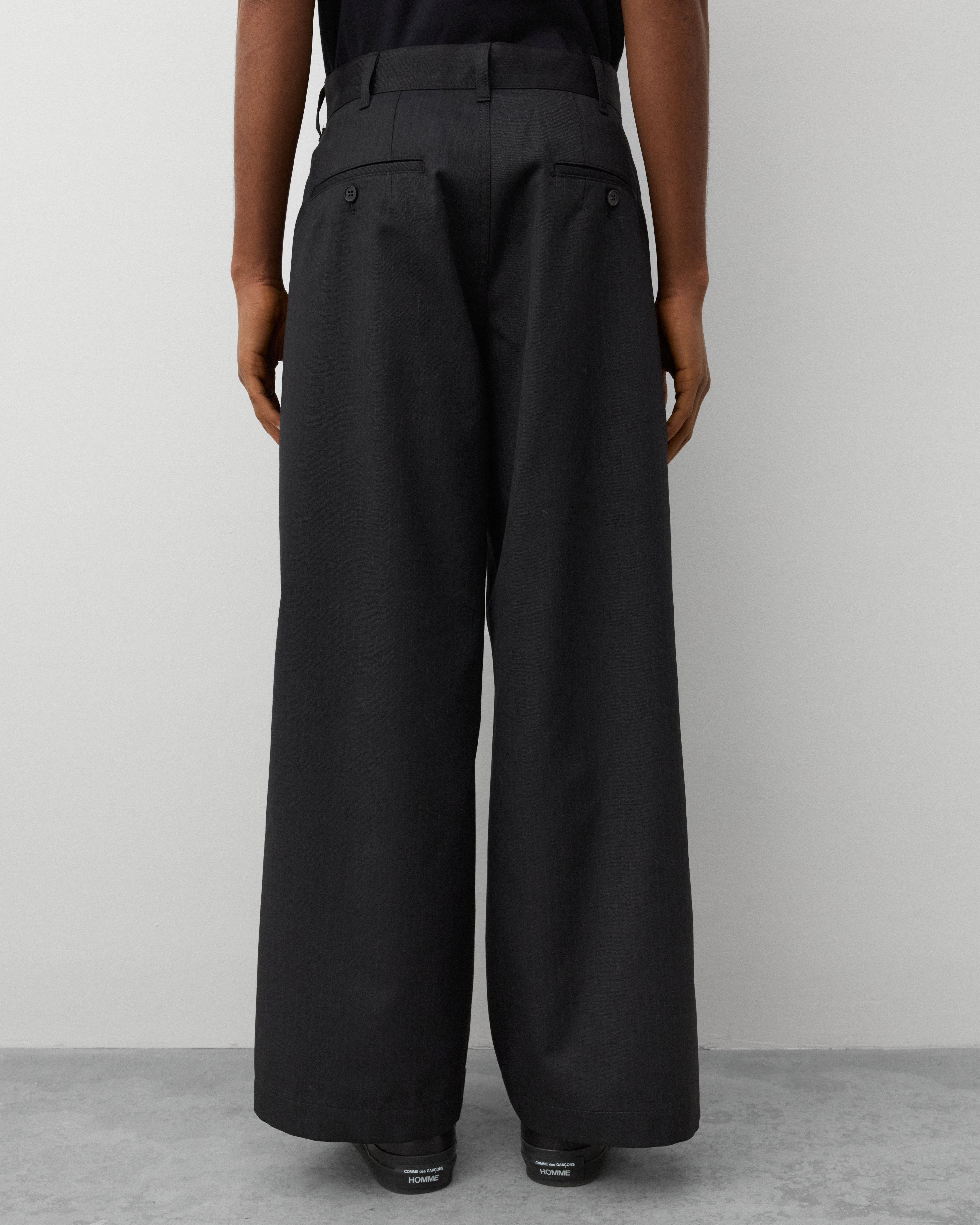 CDG Homme: Men's Pleated Pin Stripe Pants (Black) | Dover Street