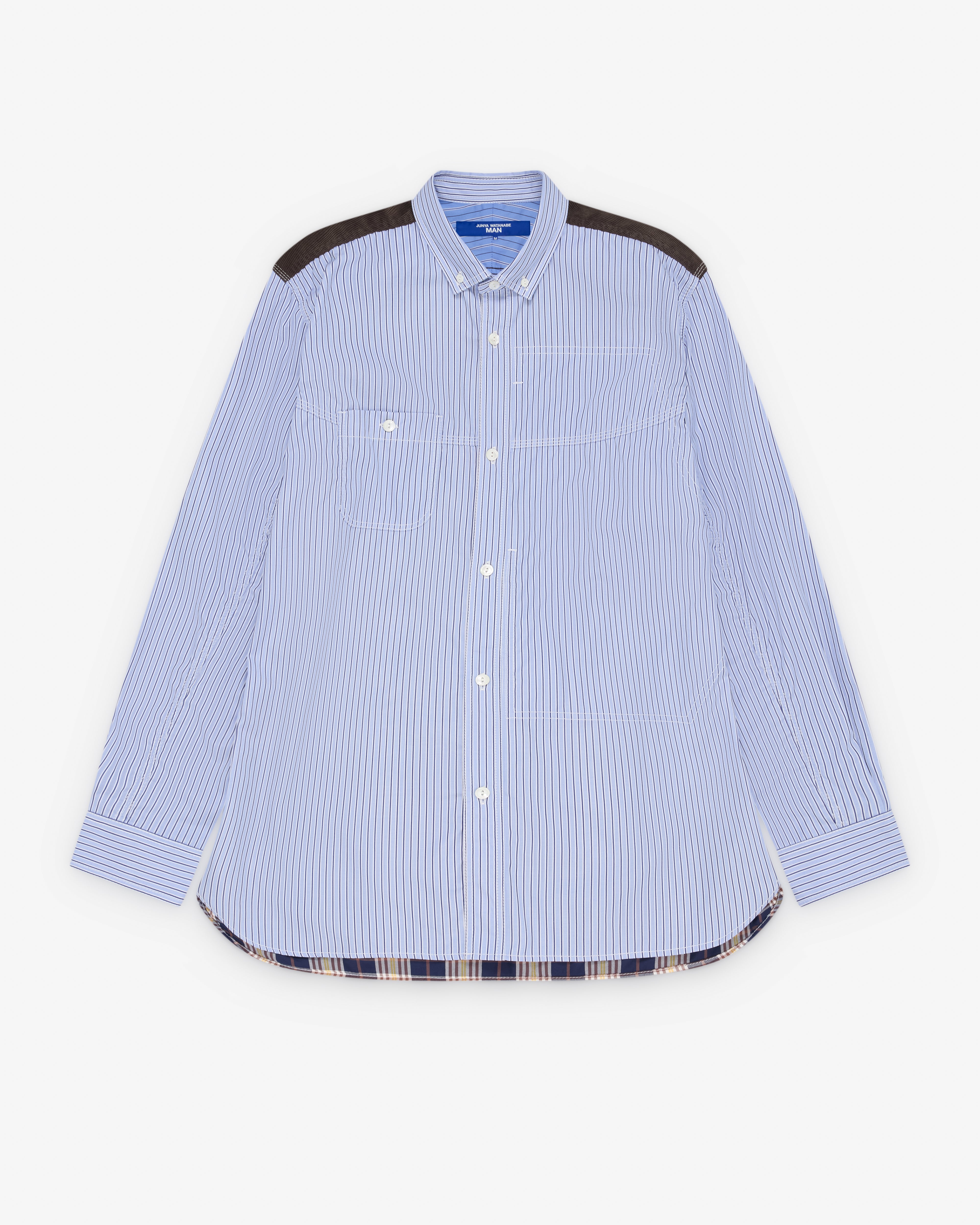 Junya Watanabe MAN: Men's Cord Paneled Shirt (Blue/White/Brown