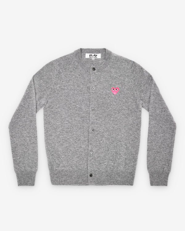 Play - Small Pink Heart Round Neck Cardigan - (Light Grey)