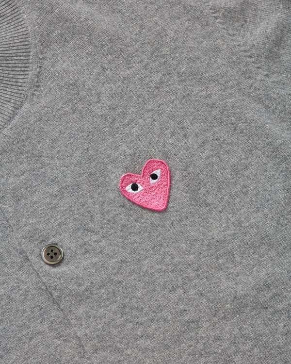 Play - Small Pink Heart Round Neck Cardigan - (Light Grey)
