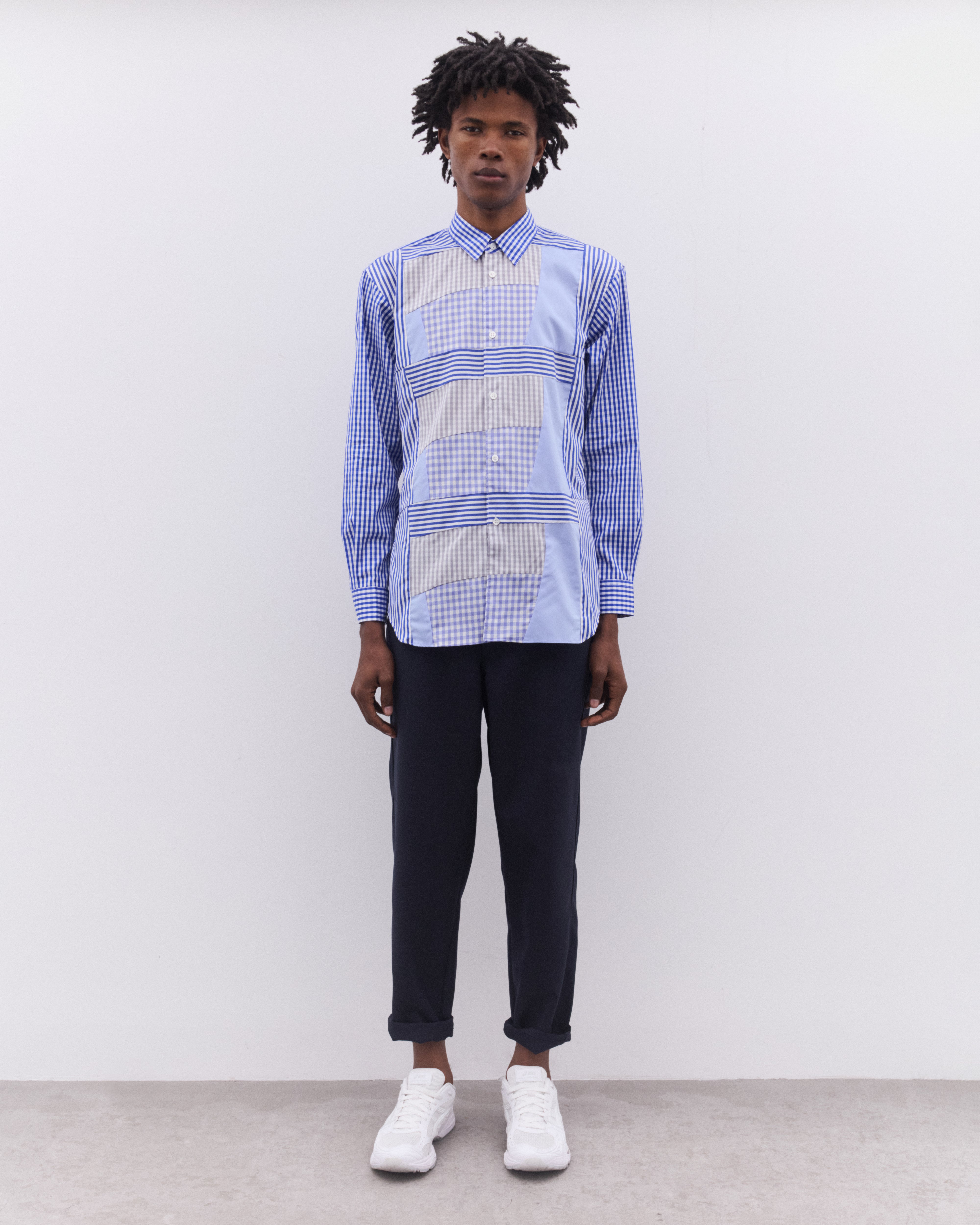 CDG Shirt: Men's Gingham And Striped Patchwork Shirt (Blue