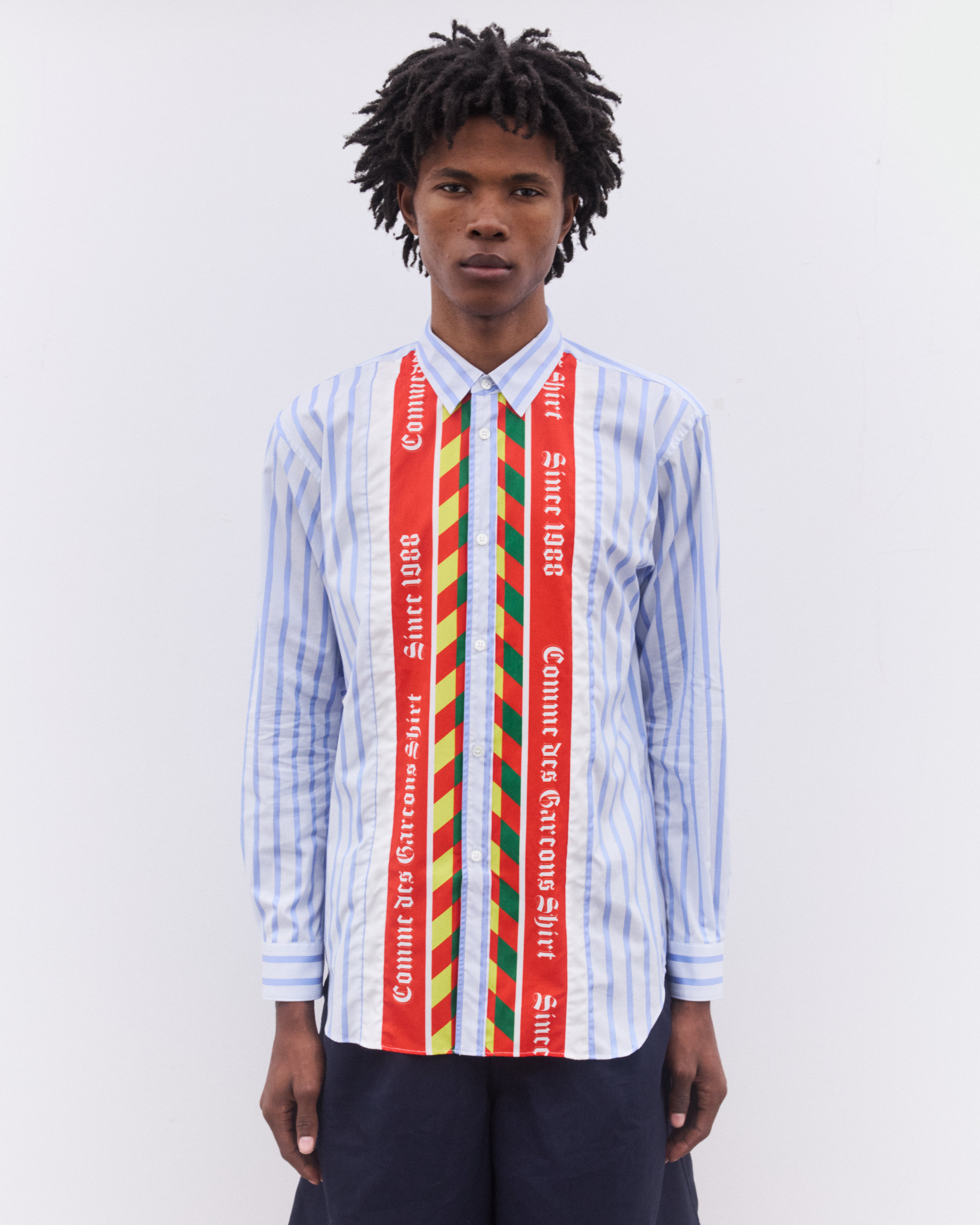 CDG Shirt: Men's Striped Football Scarf Placket Shirt (Blue
