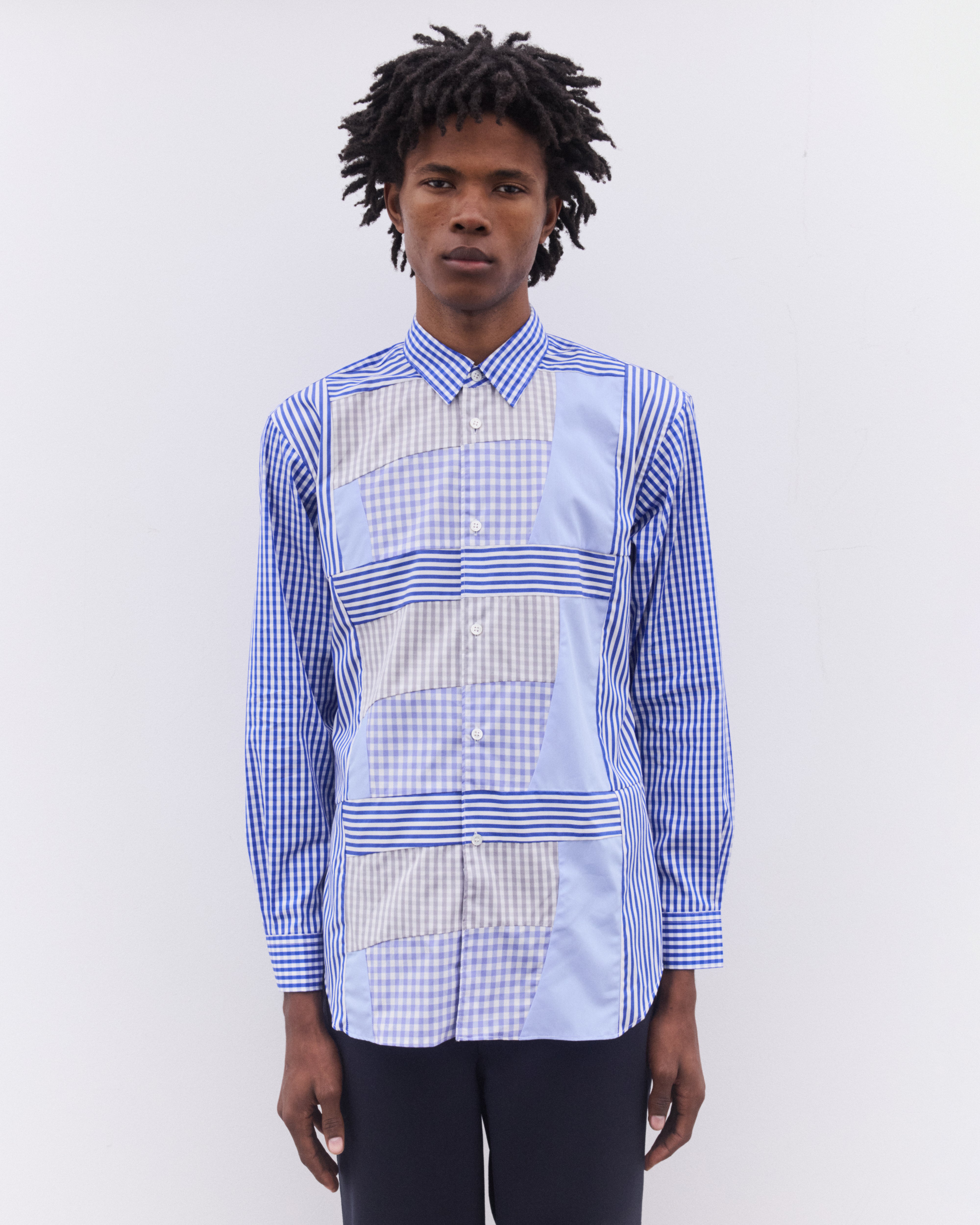 CDG Shirt: Men's Gingham And Striped Patchwork Shirt (Blue