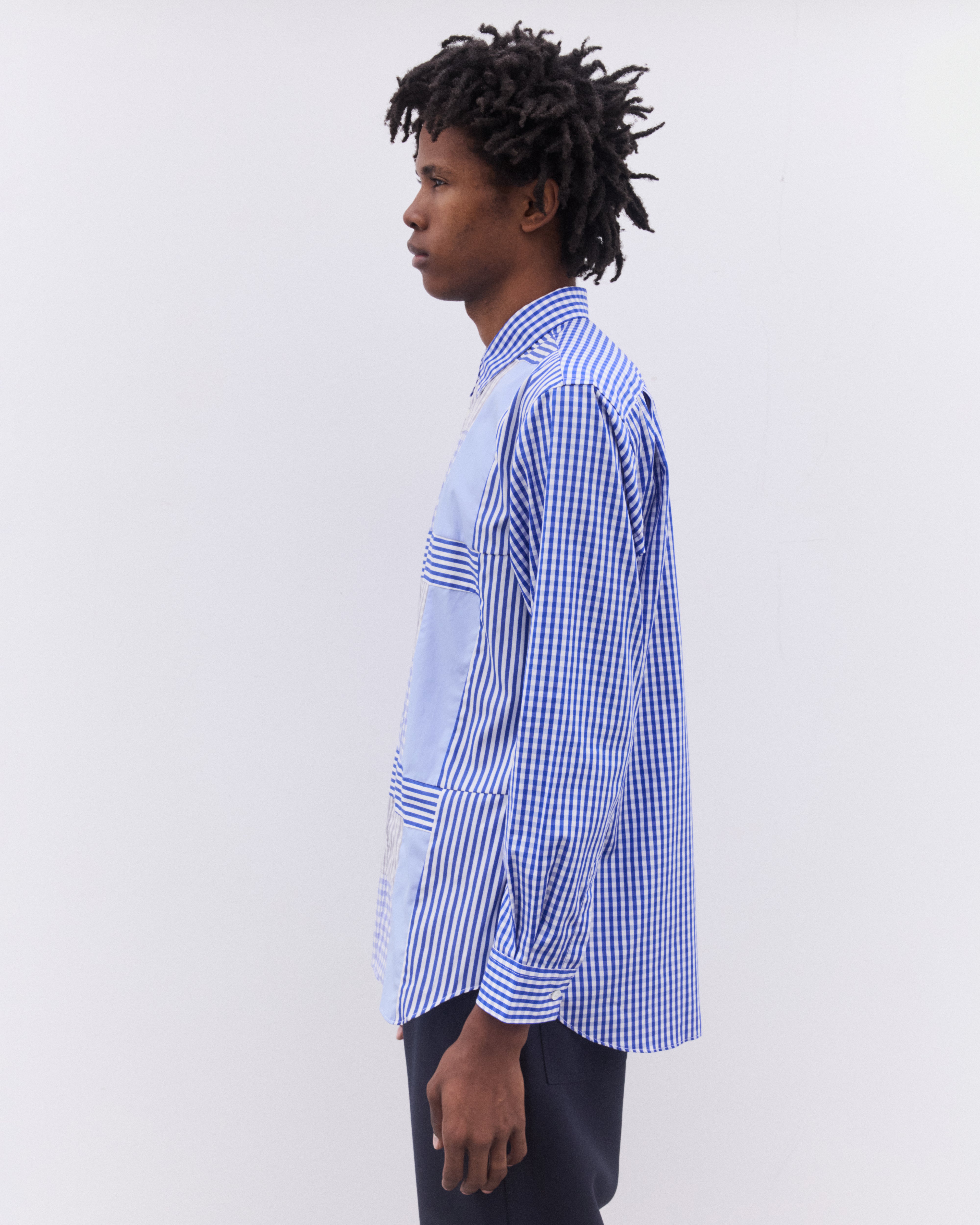 CDG Shirt: Men's Gingham And Striped Patchwork Shirt (Blue