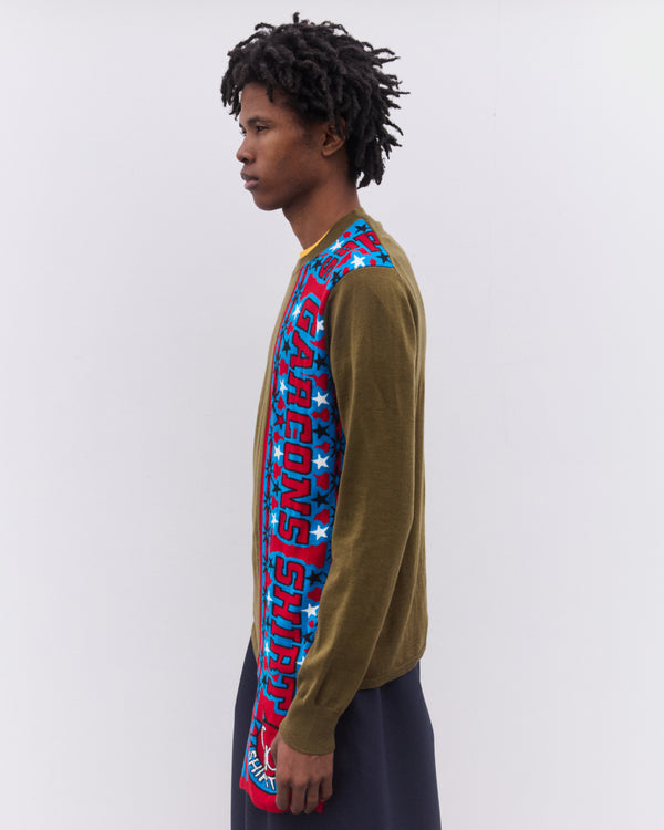 CDG Shirt - Men’s Football Scarf Knitted Sweater - (Khaki/Red)