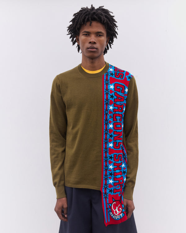 CDG Shirt - Men’s Football Scarf Knitted Sweater - (Khaki/Red)