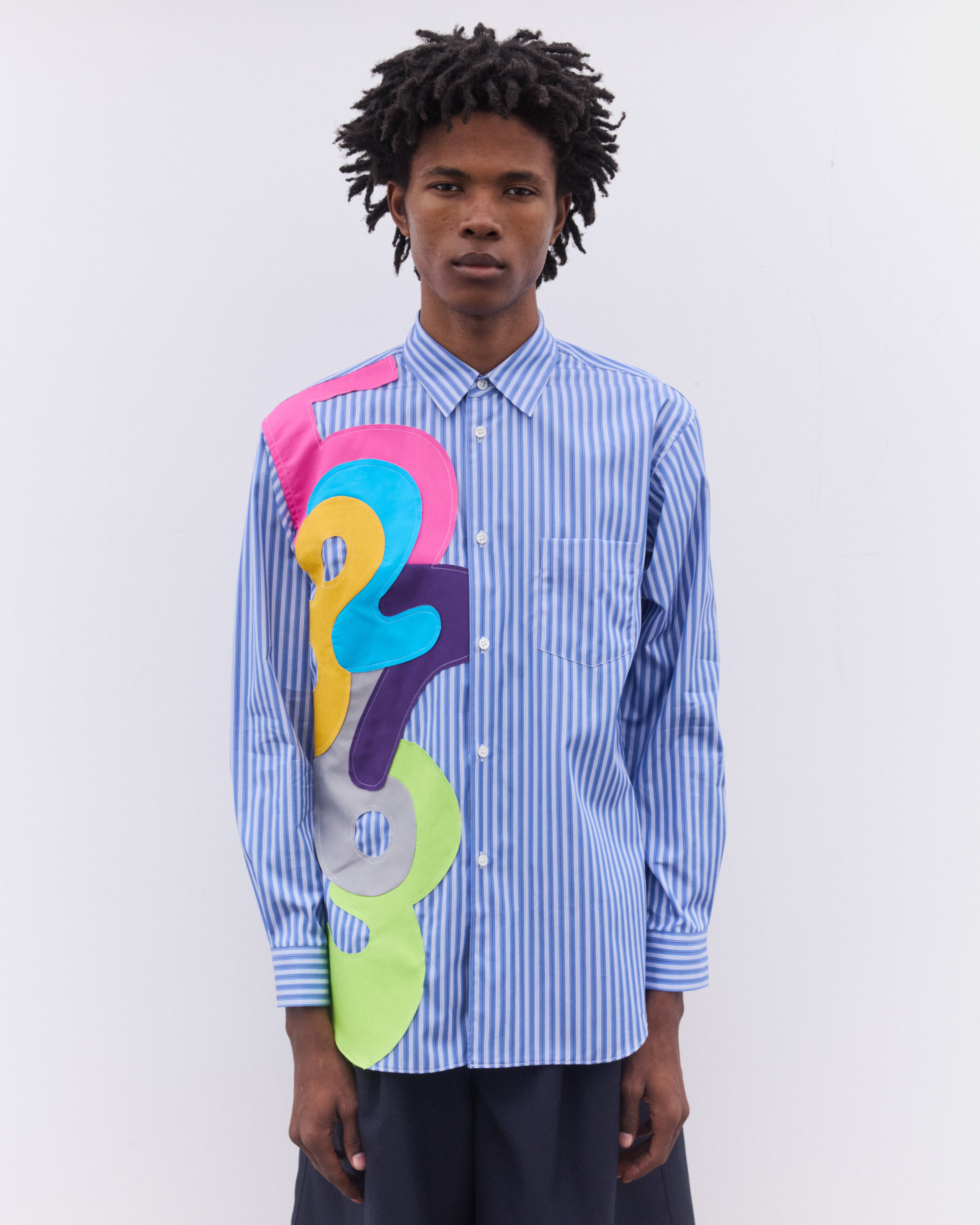 CDG Shirt: Men's Striped Numbers Shirt (Blue) | Dover Street