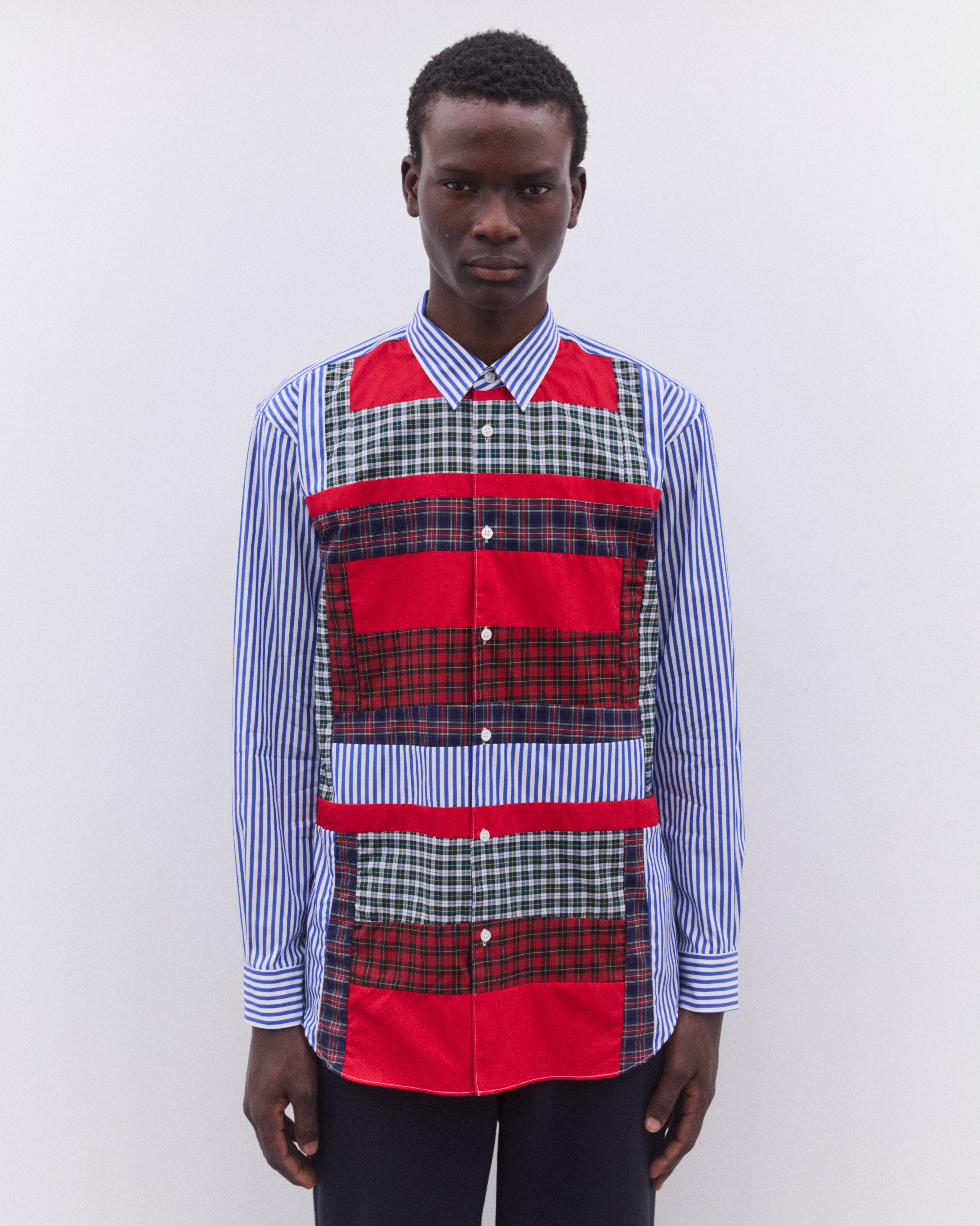COMME des GARCONS SHIRT ストール 迷彩×ストライプ CDG Shirt: Men's Stripe And Tartan Colour Block Shirt (Multi