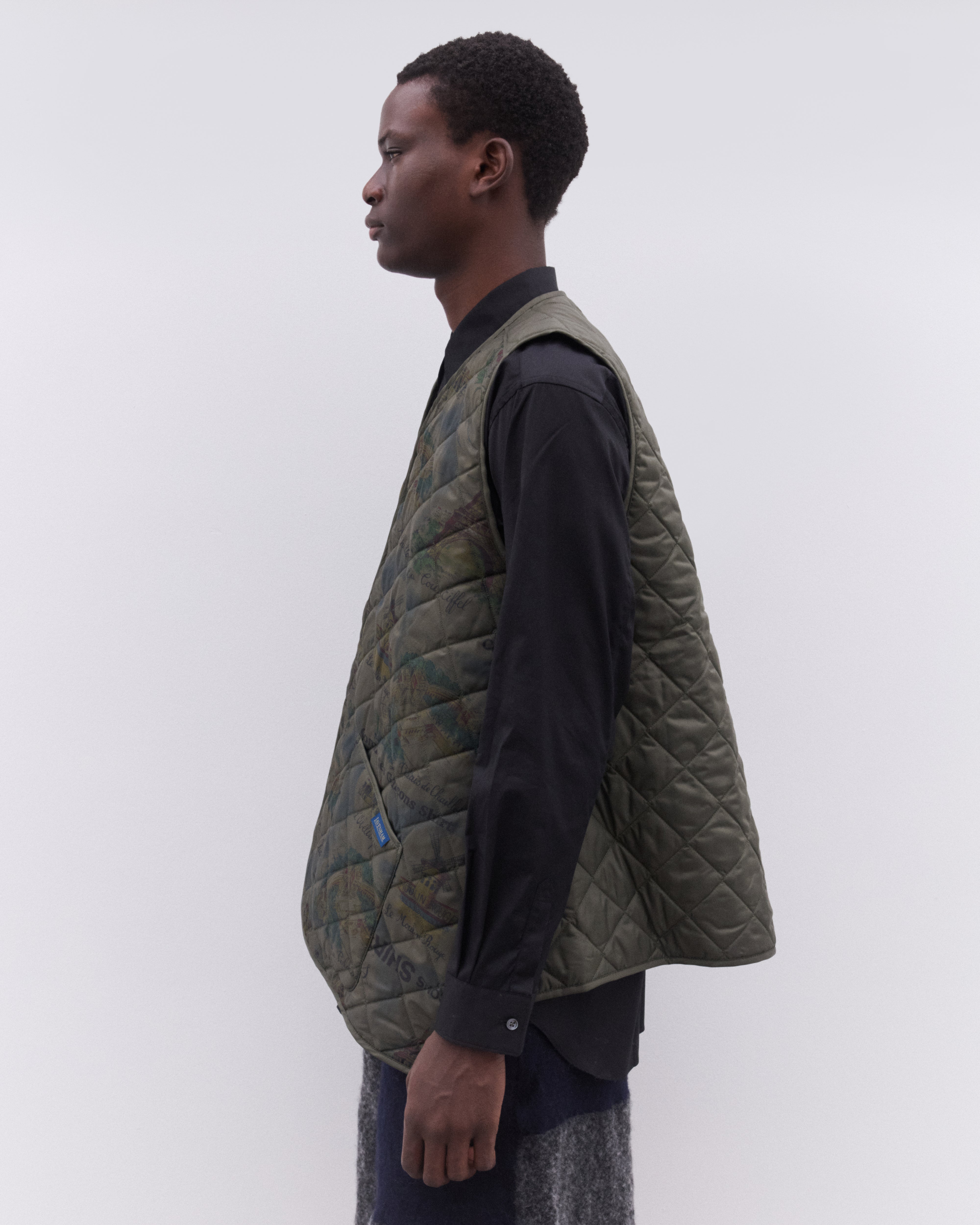 SOPHNET.× LAVENHAM Collaboration Vest CDG Shirt: Men's Lavenham Bias Quilted Vest (Dark Khaki) | Dover