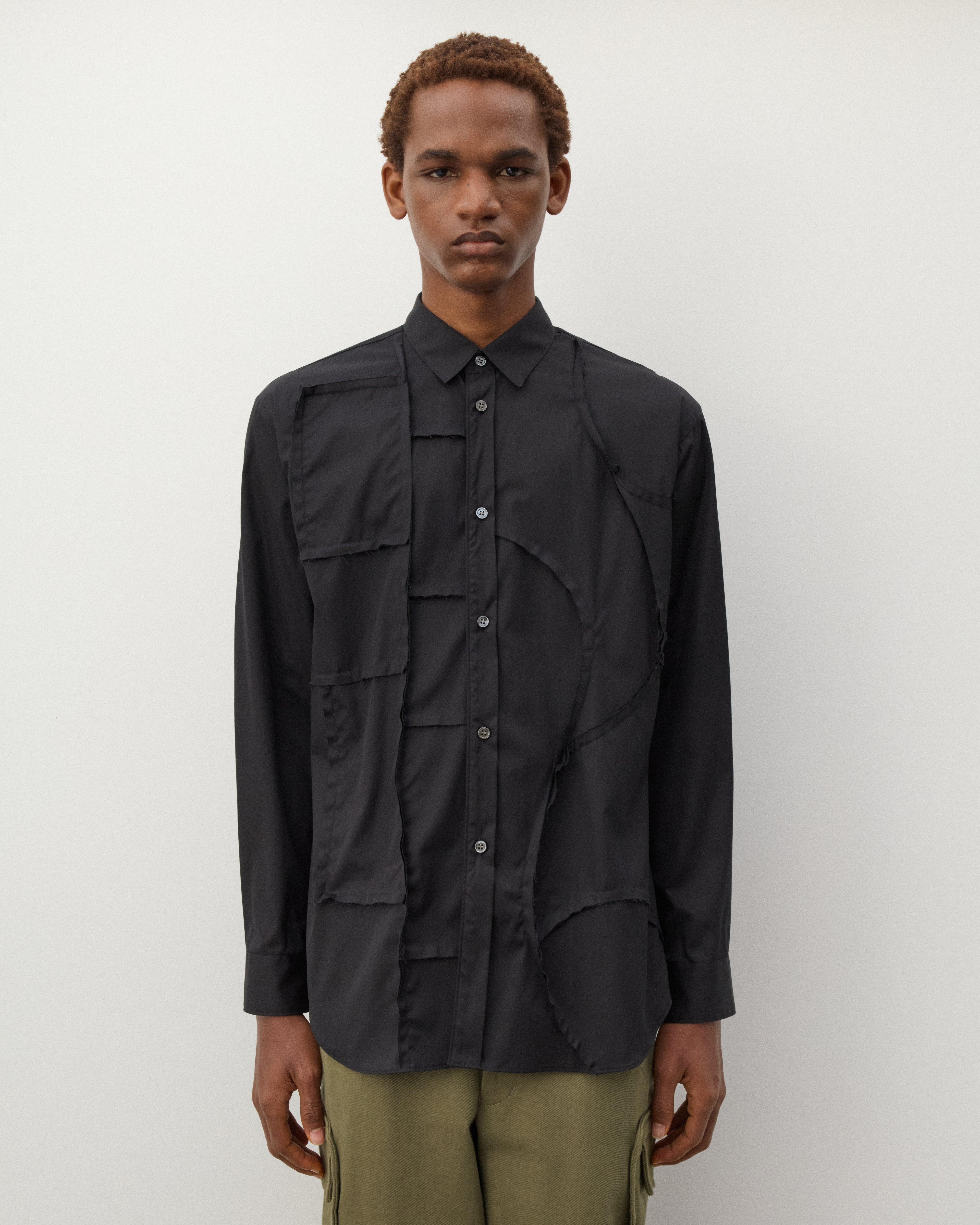 CDG Shirt: Men's Geometric Cut-out Shirt (Black) | Dover Street
