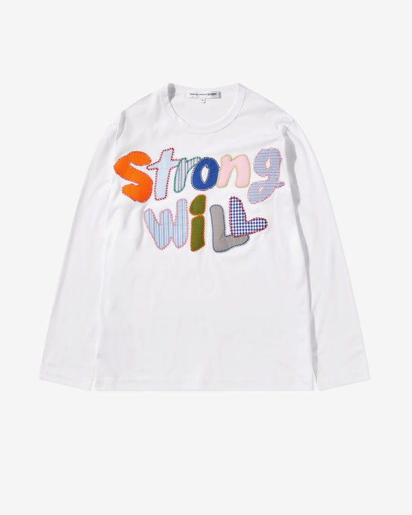 CDG Shirt - Men's Embroidered Strong Will Long Sleeve T-Shirt - (White)