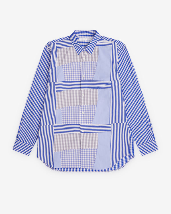 CDG Shirt - Men’s Gingham And Striped Patchwork Shirt - (Blue)