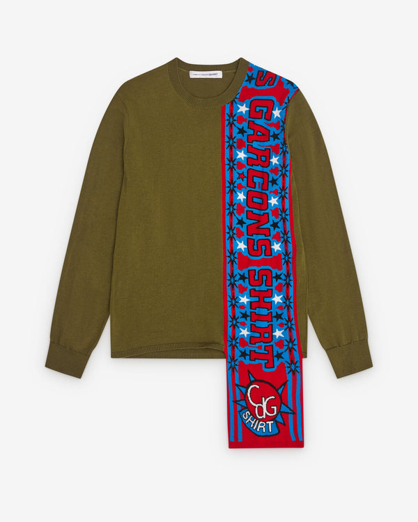 CDG Shirt - Men’s Football Scarf Knitted Sweater - (Khaki/Red)