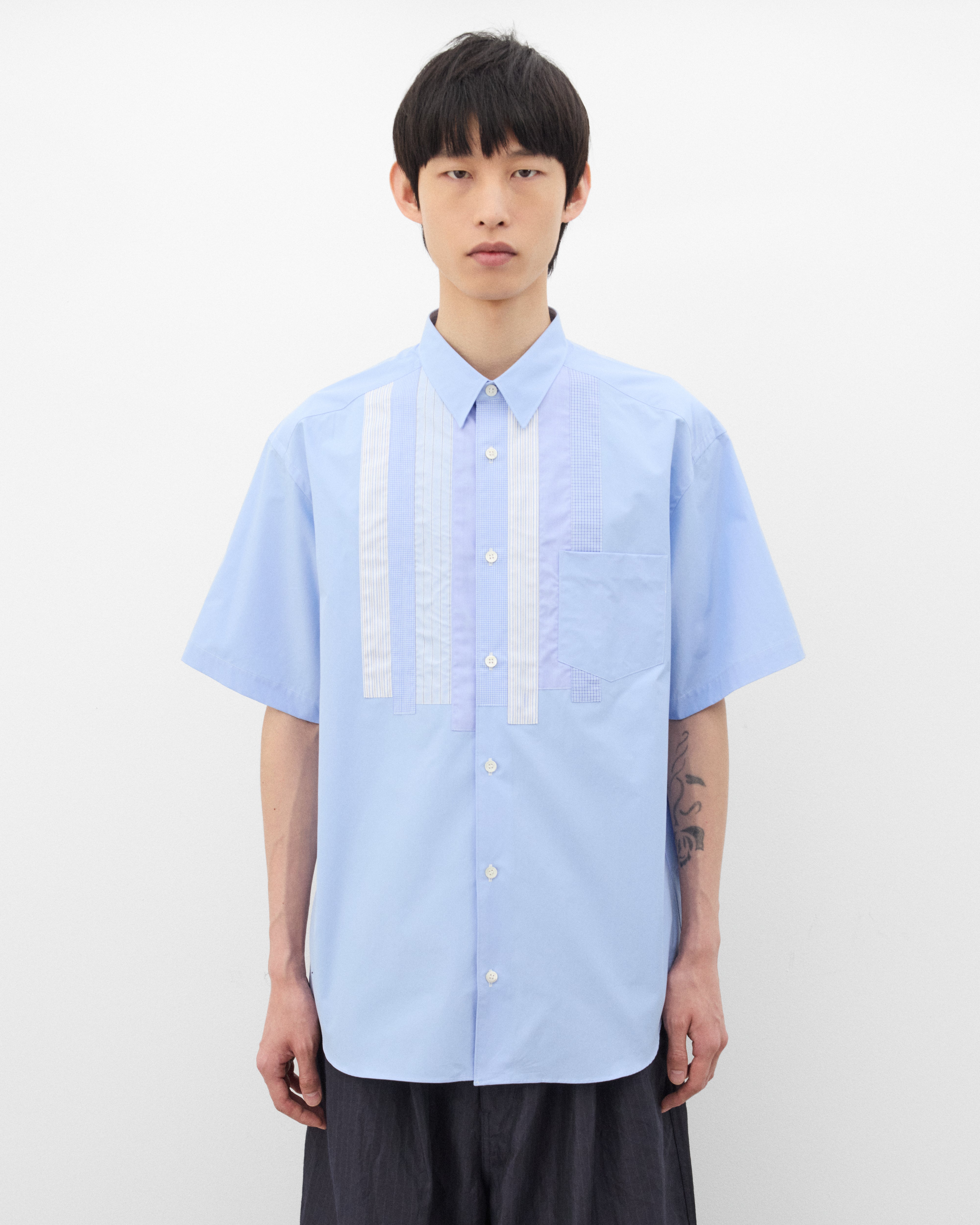 CDG Homme: Men's Mix Panel Short Sleeve Shirt (Sax Blue) | Dover