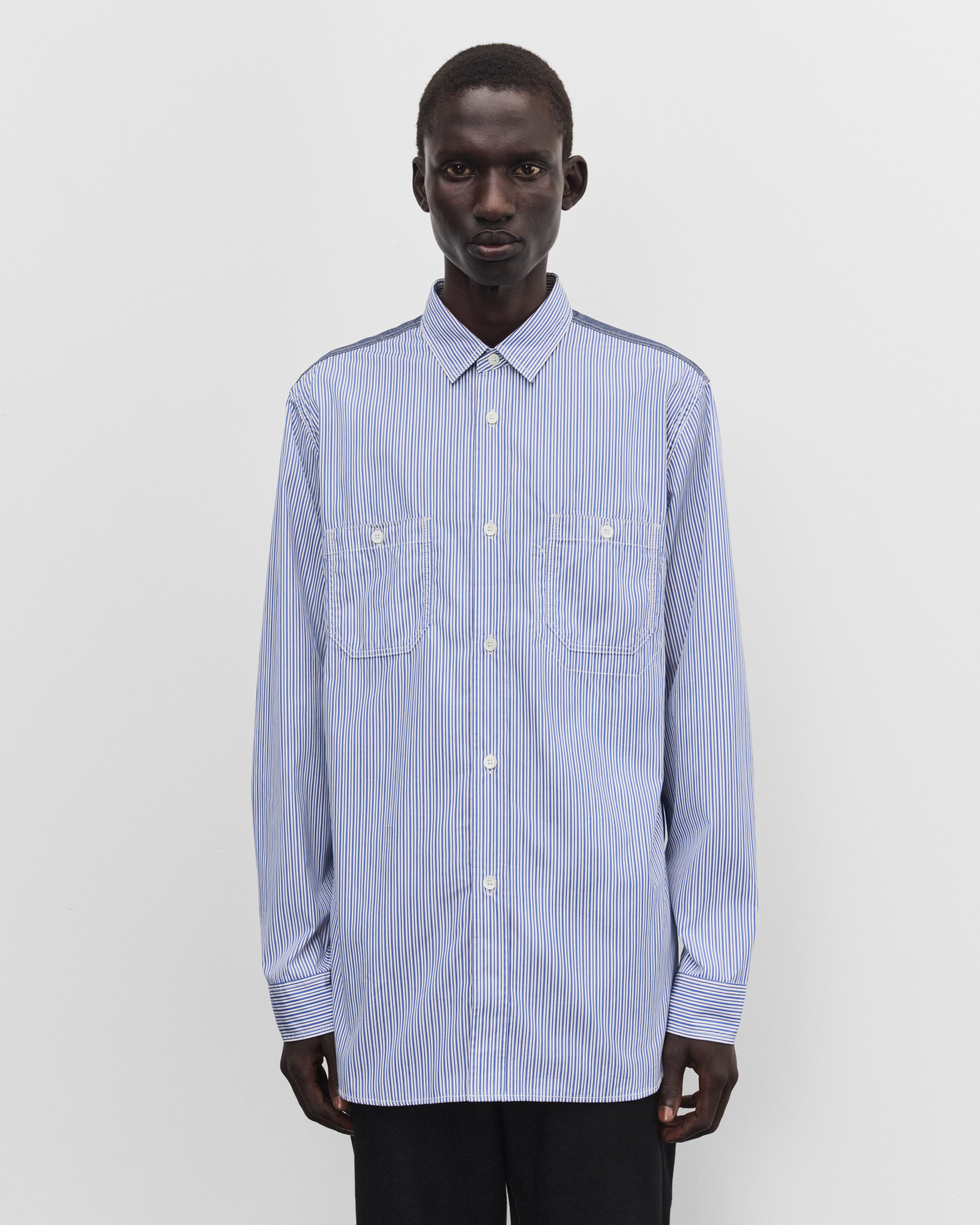eYe JUNYA WATANABE MAN ストライプ切替シャツ M Junya Watanabe Man: Men's Panelled Stripe Shirt (White/Navy Blue