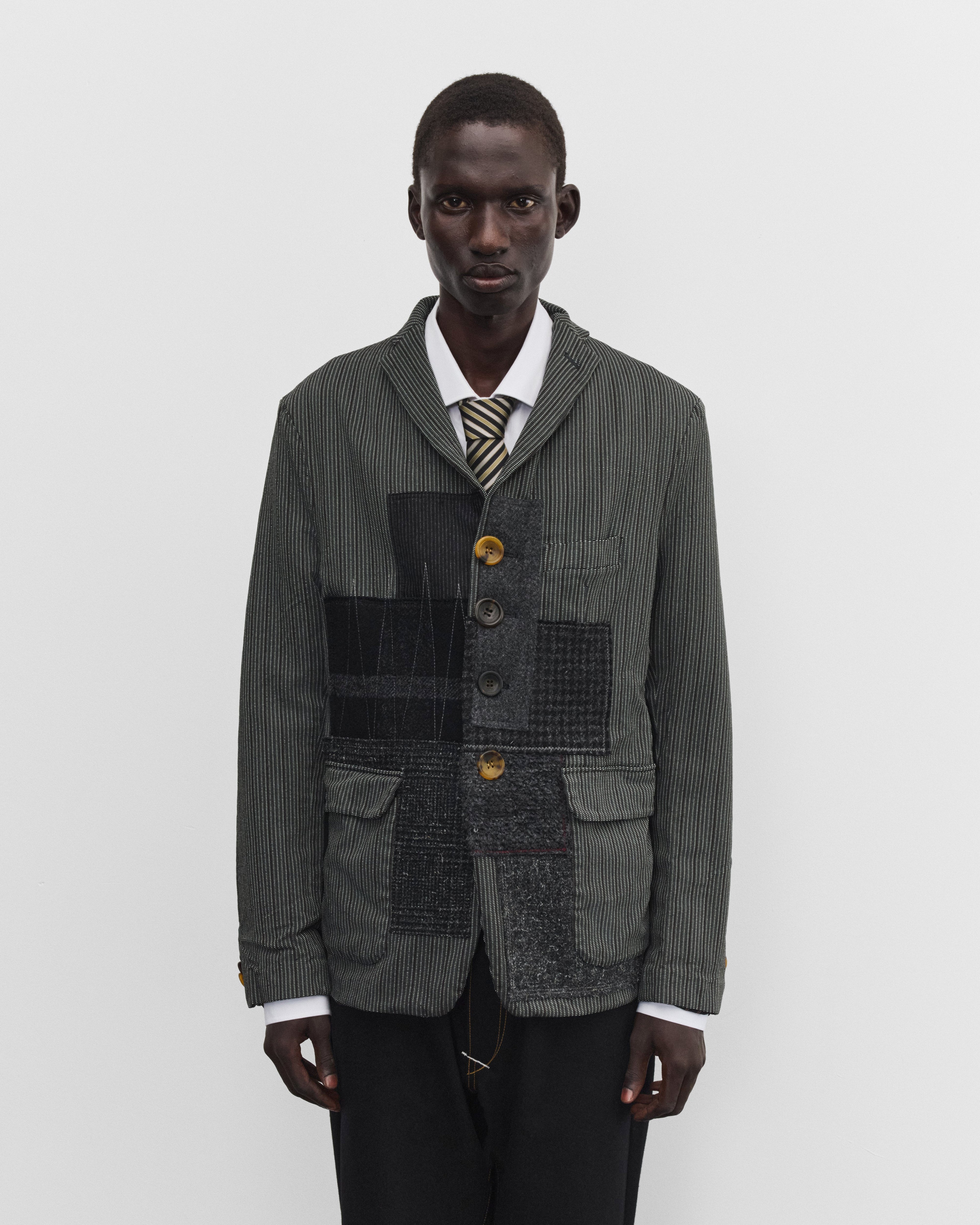 JUNYA WATANABE MAN 20AWドッキングジャケット Junya Watanabe Man: Men's Patchwork Stripe Blazer (Grey) | Dover