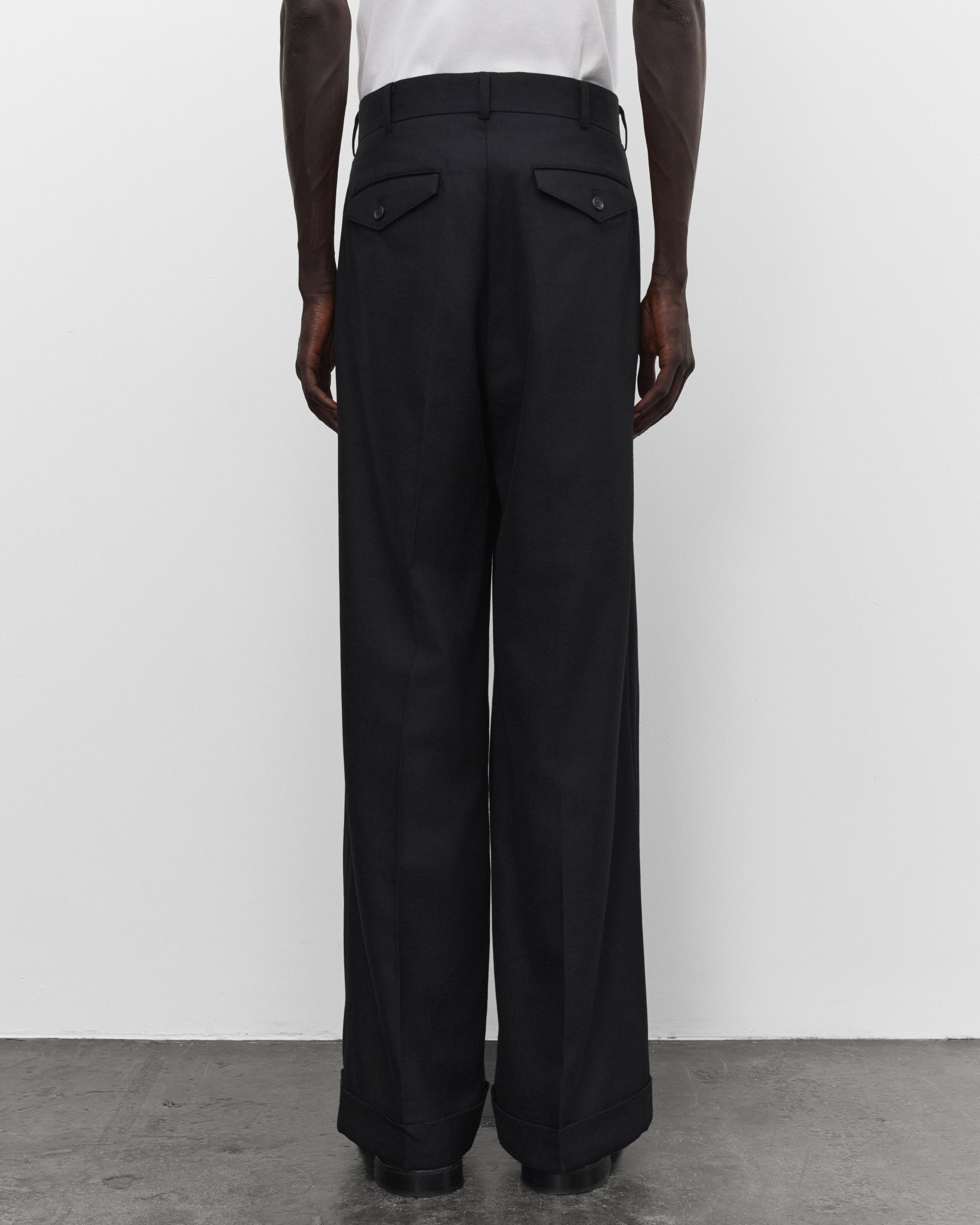Junya Watanabe Man: Men's Pleated Suiting Trousers (Black) | Dover