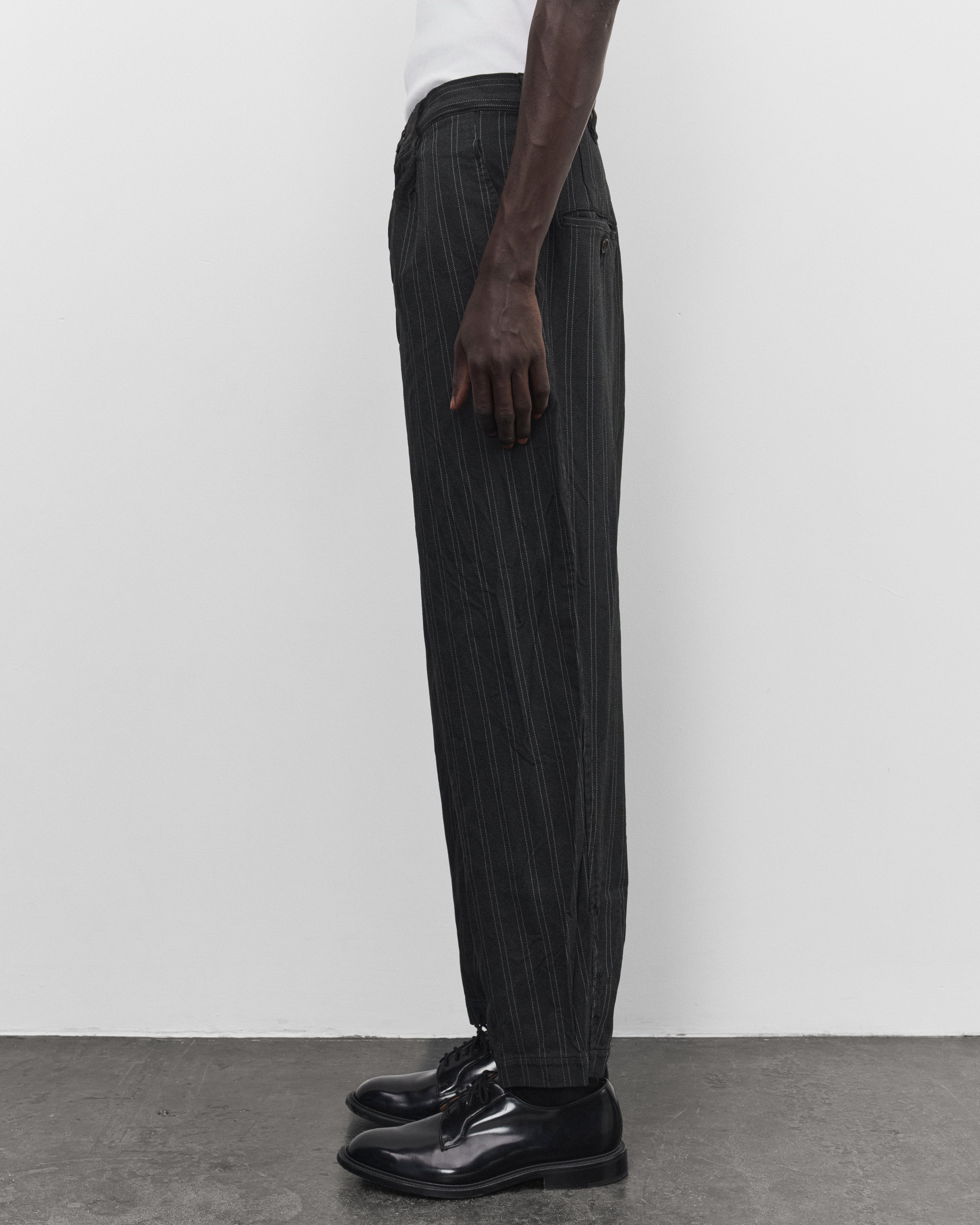 Junya Watanabe Man: Men's Pleated Stripe Trousers (Grey/White